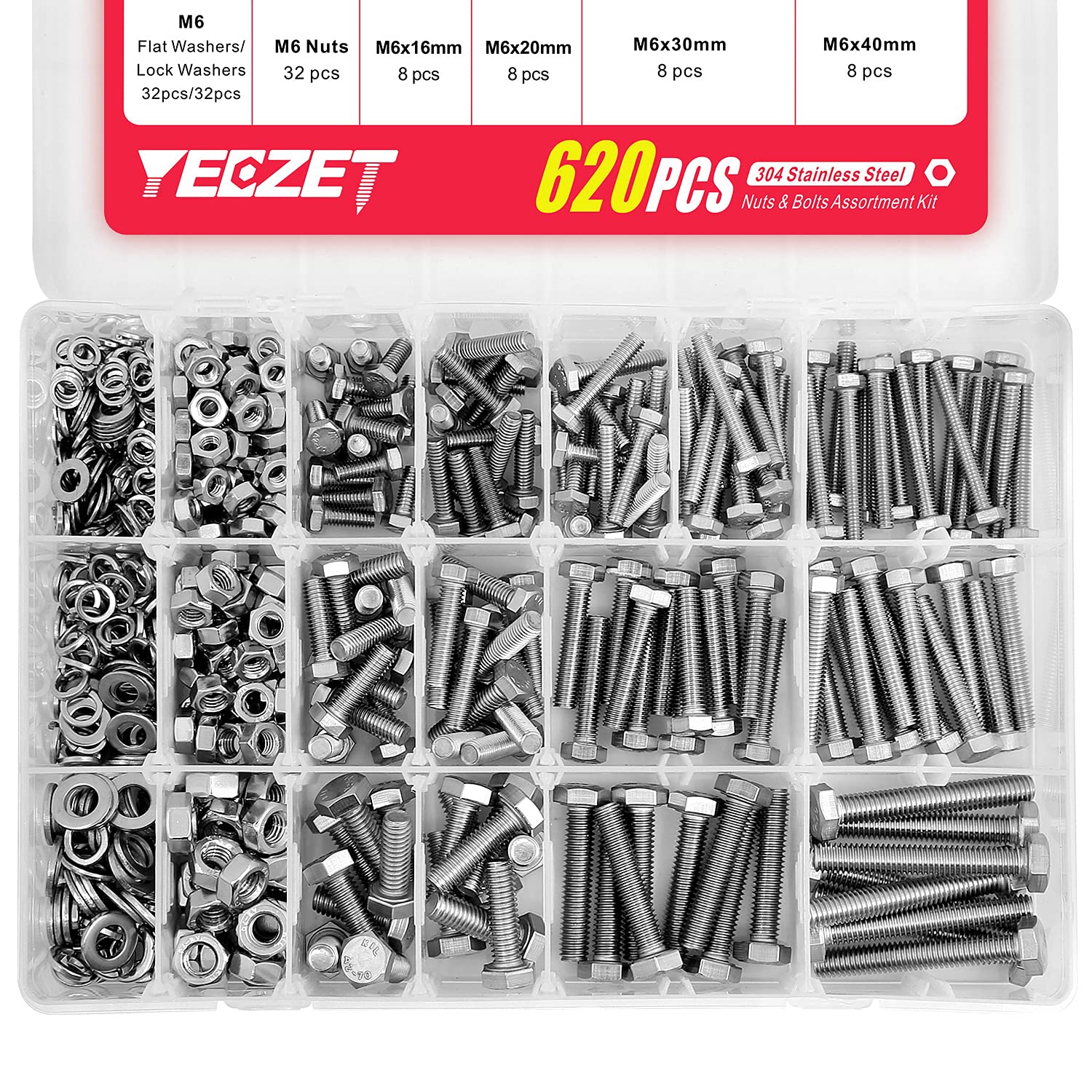 YEEZET 620PCS M4 M5 M6 Heavy Duty Bolts and Nuts Assortment Kit, 304 Stainless Steel, Includes 13 Most Common Sizes