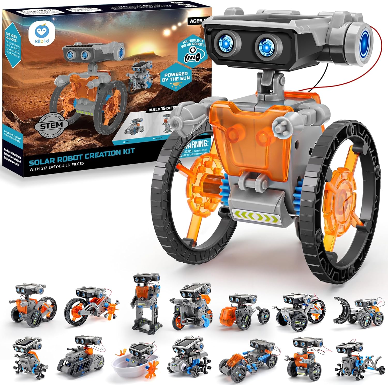 Sillbird Solar Robot Kit STEM Gift for Boys Aged 8-12, 15-in-1 DIY Science Educational Robotic Toy for Kids Teens Birthday, Powered by The Sun or Battery with 212 Pieces
