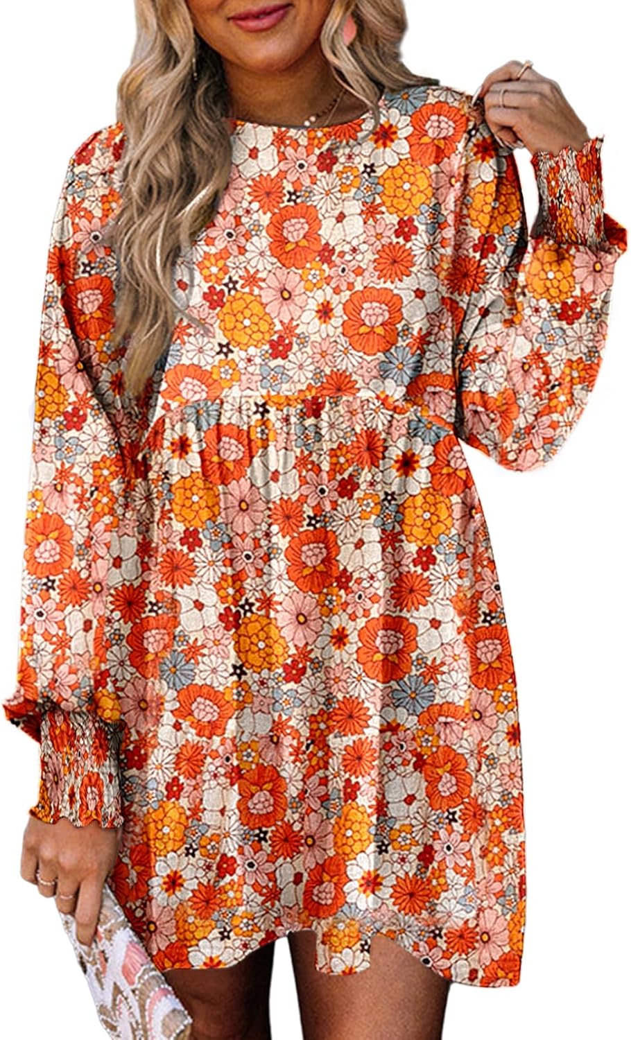 Dokotoo Fall Dresses for Women 2024 Casual Loose Floral Dress Long Sleeve Crew Neck Flowy Swing Mini Shift Dresses