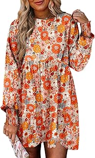 Dokotoo Fall Dresses for Women 2024 Casual Loose Floral Dress Long Sleeve Crew Neck Flowy Swing Mini Shift Dresses