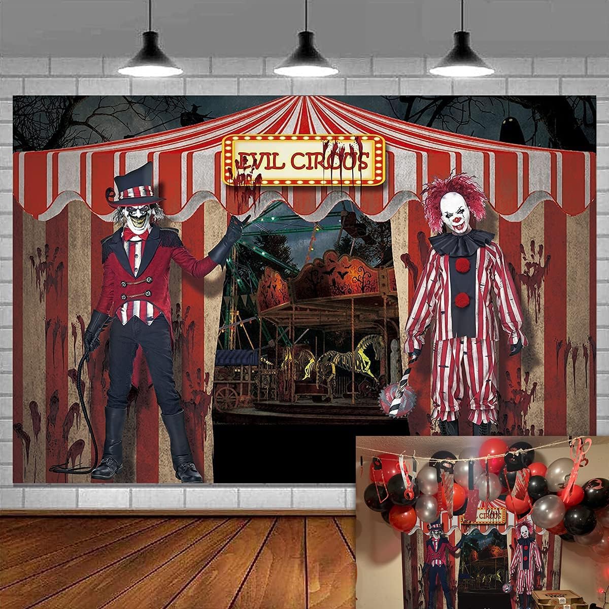 Halloween Evil Circus Theme Backdrop Giant Evil Clown Halloween Carnival Birthday Party Background Bloody Hands Scary Grove Decor Banner 7x5FT