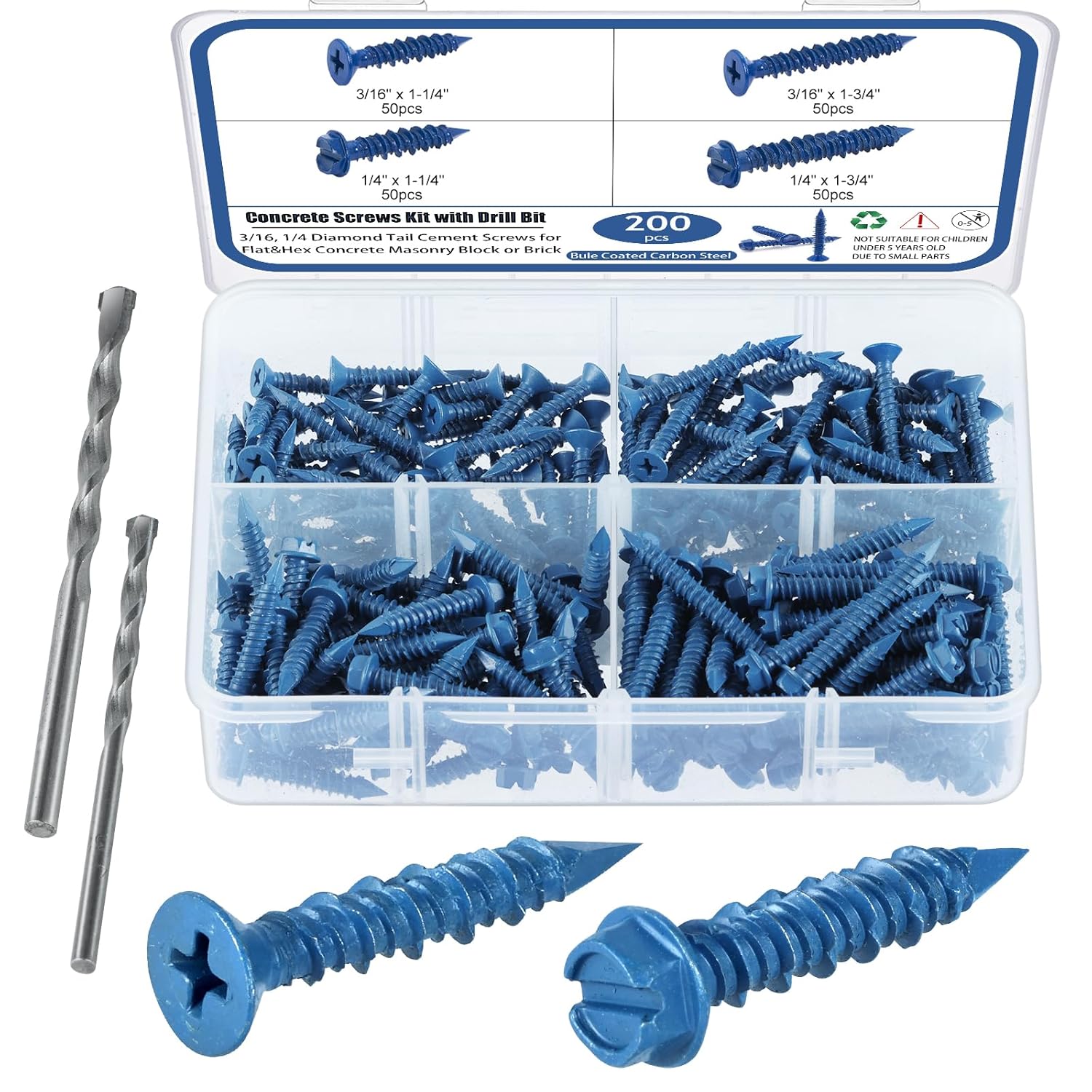 Concrete Screws with Drill Bit, 200Pcs Concrete Screw 1/4 3/16 Assortment Kit, Flat & Hex Head Masonry Block Brick Cement Screws and Anchors, No Pre Drilling, Diamond Point