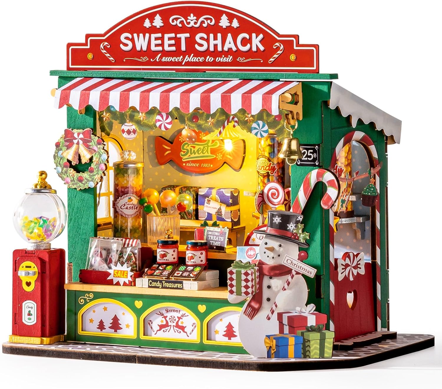 ROBOTIME DIY Miniature Dolls House Kit Christmas Candy Stand, Wooden Model Building Kit With LED Lights, Model Kits for Adults to Build, Home Decor Christmas Birthday Gifts for All Ages