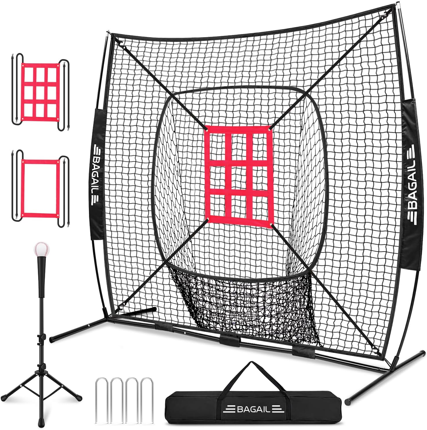 BAGAIL 7x7 ft Baseball & Softball Practice Net with Bow Frame for Batting, Hitting, Pitching, Portable Backstop Training Equipment with 2 Strike Zone, Tee, Carry Bag, Great for All Levels