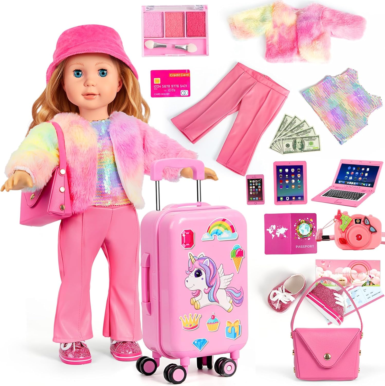18 inch Doll Clothes and Accessories - Doll Travel Suitcase Luggage, Clothes and Shoes, Bag, Sunglasses, Camera, Passport, Notebook, Phone, pad Travel Gear Play Set(No Doll)