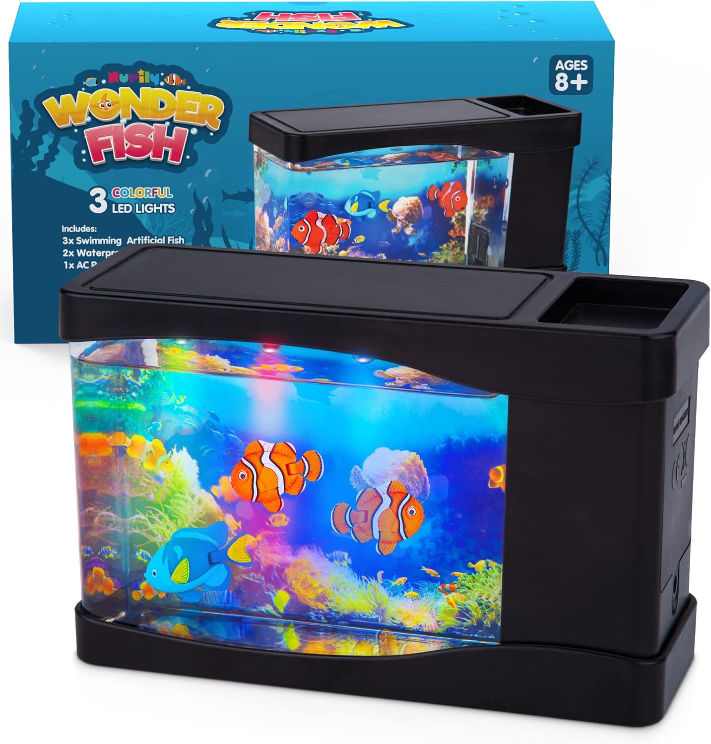 Artificial Fish Tank Virtual Ocean Toy in Motion Lamp - Mini Office Desk Aquarium 3 Colorful LED Lights, Moving Bubbles, Gift for Kids and Adults