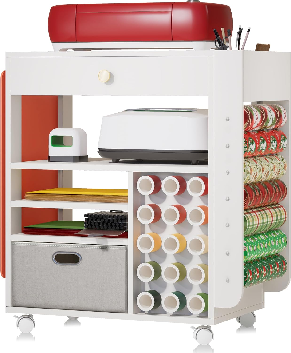 Craft Organizers and Storage Cart with Upgraded Wheels, Compatible with Cricut Machines — Rolling Craft Cart with 22 Vinyl Roll Holders, Craft Cabinet and Storage Workstation for Craft Room