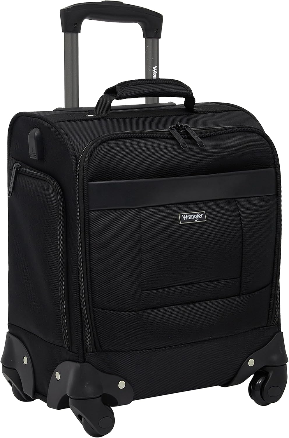 Wrangler 4-Wheel Spinner Luggage with Side USB Port, Black, 17-Inch Underseat Carry-On