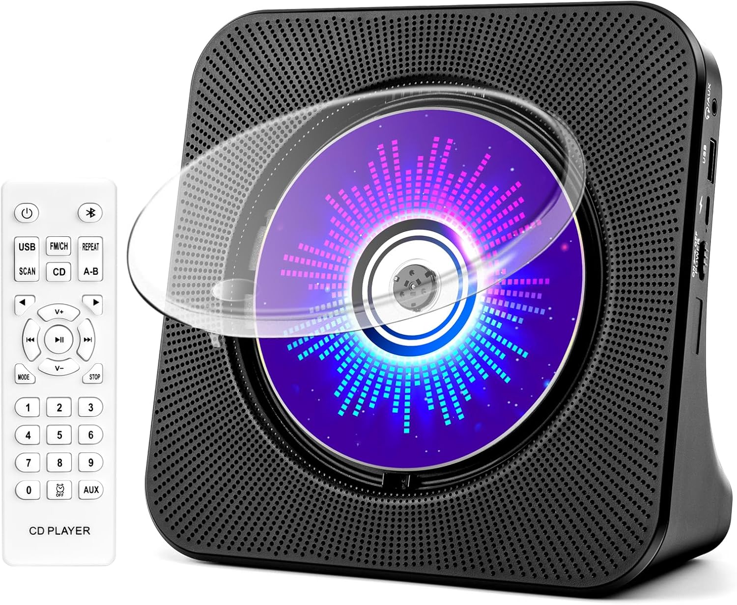 Desktop CD Player with Speakers, ROADOM CD Players for Home, Portable CD Player with Bluetooth Hi-Fi Stereo Sound,Remote Control,Supports CD/Bluetooth/FM Radio/U Disk/AUX/Timer/Repeat,Black