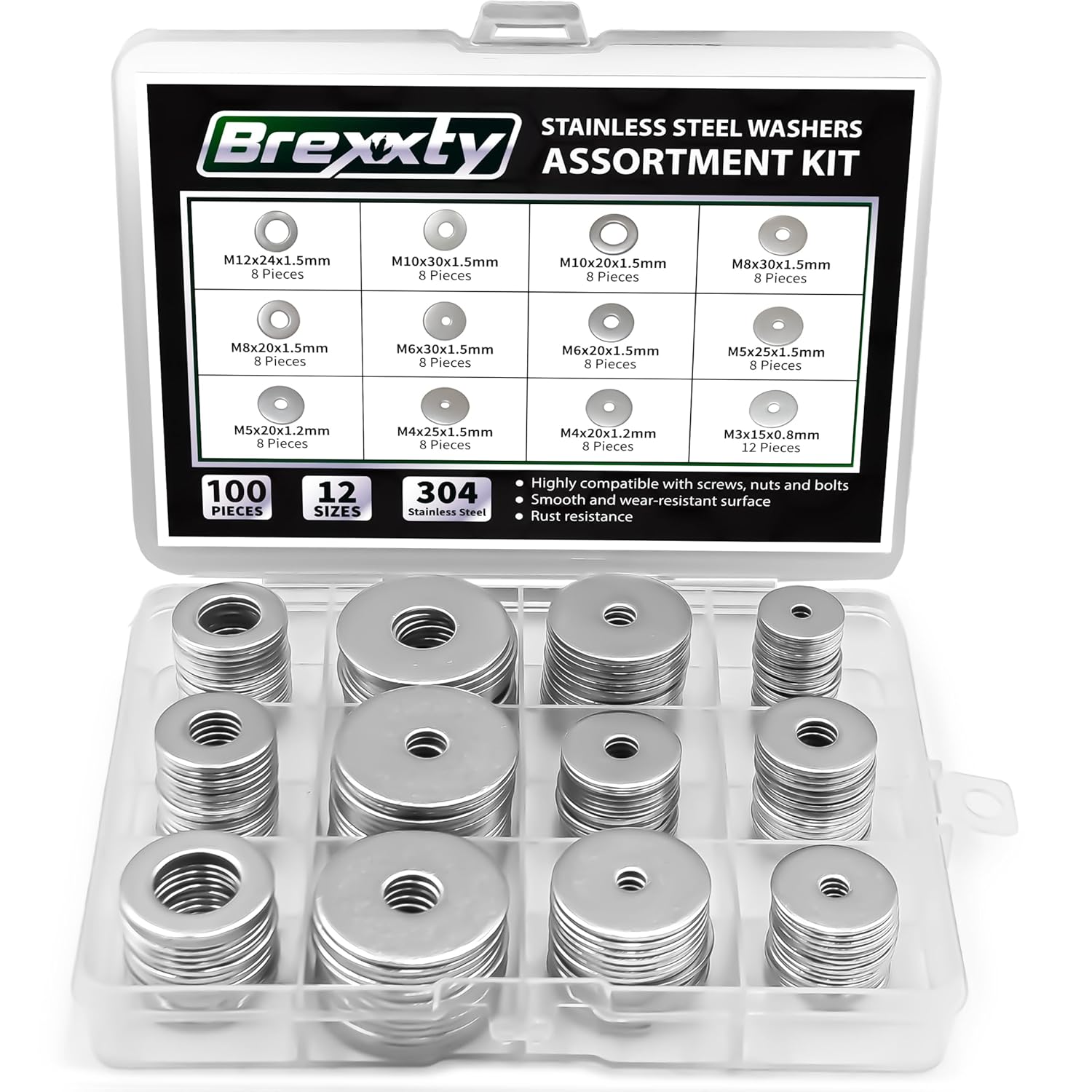 Fender Washers for Screws (100 Pcs) — 304 Stainless Steel Flat Washers Assortment Kit in Different Sizes (M3 M4 M5 M6 M8 M10 M12)—for Home & Industrial Usage