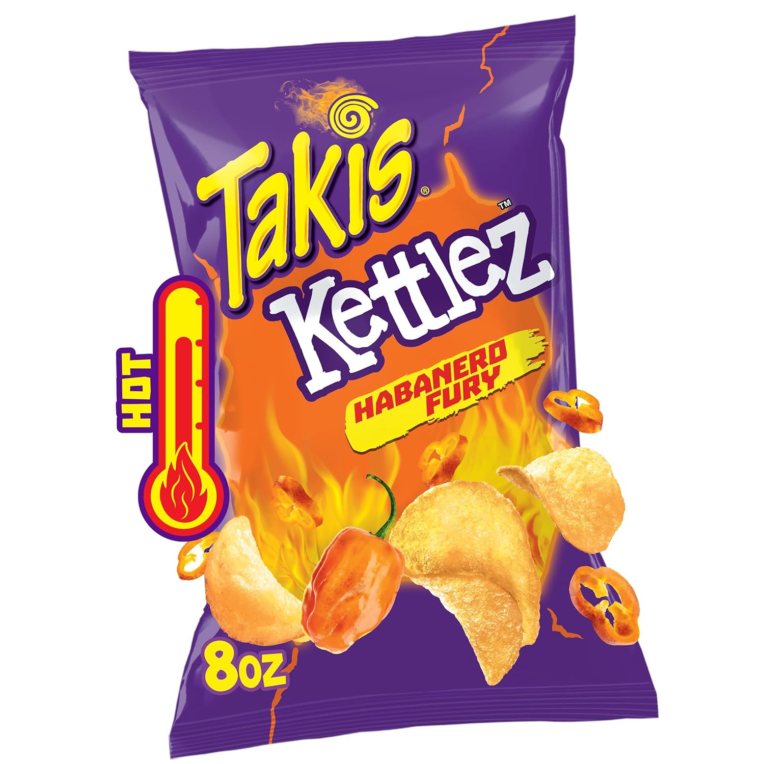 Takis Habanero Fury Kettlez 8 oz Sharing Size Bag, Habanero Flavored Hot Spicy Kettle-Cooked Potato Chips
