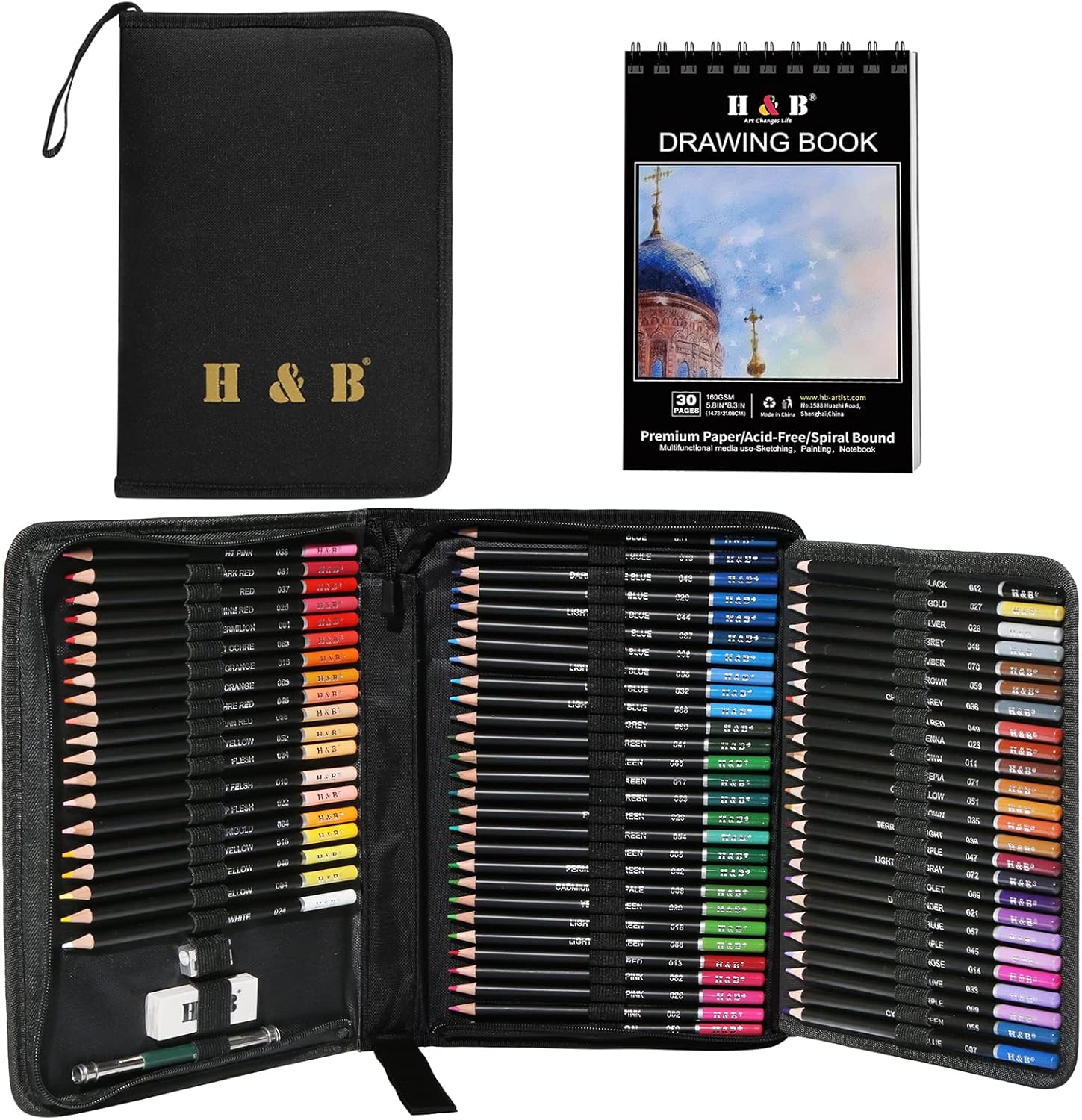 H & B 76pcs Colouring Pencils Set for Drawing Sketching Blending,Coloured Pencils for Adults,Artists,Beginners Professional Art Supplies with Sketchbook