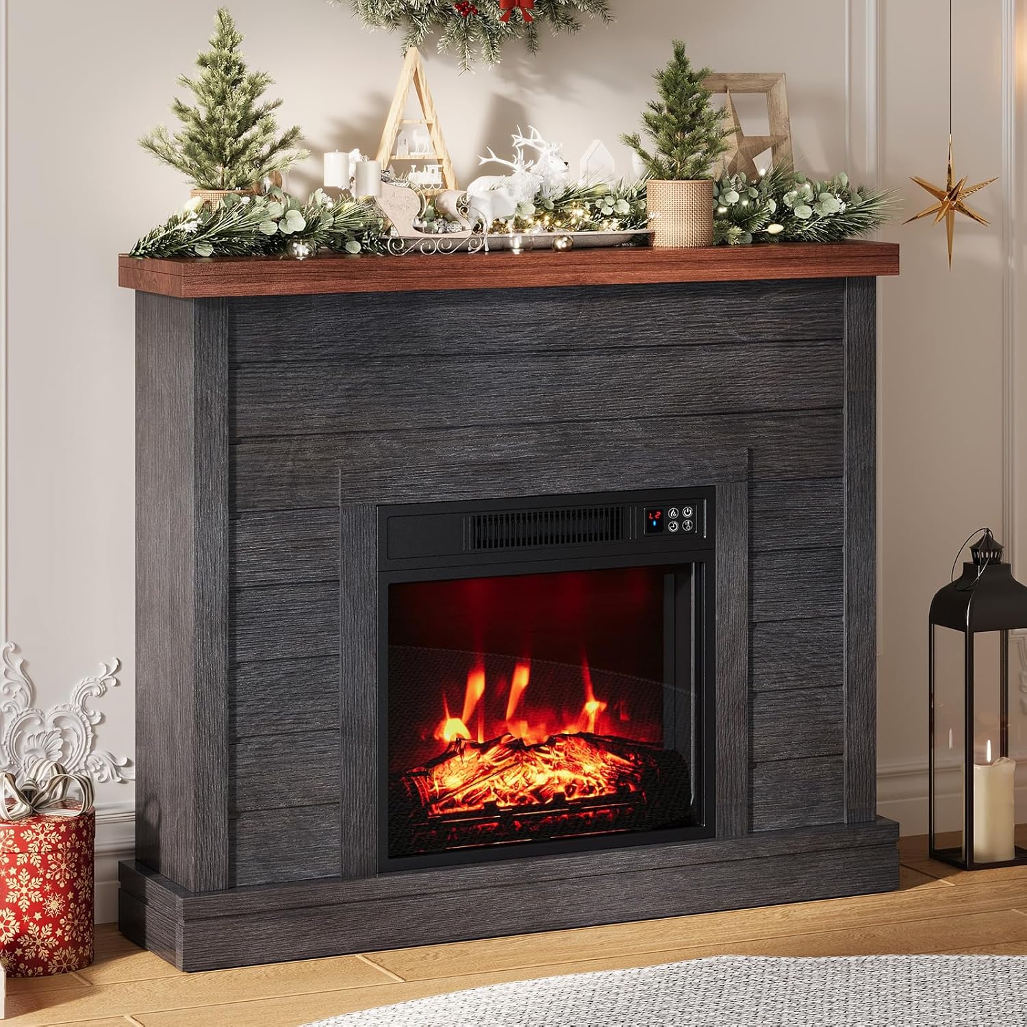 Garvee 38in Freestanding Electric Fireplace with Mantel, TV Stand Includes 18'' Electric Fireplace Insert with Adjustable Flame Temperature and Remote Control for Bedroom Living Room, Black
