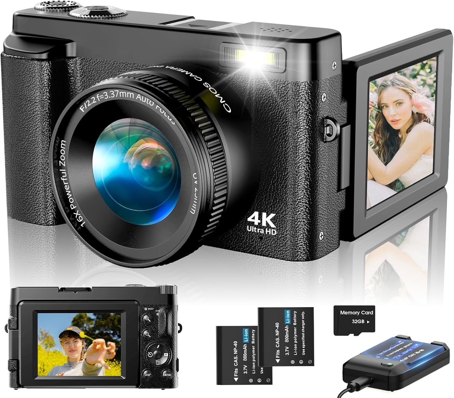 4K Digital Camera for Photography Autofocus, Upgraded 48MP Vlogging Camera for YouTube with SD Card, 3" 180 Flip Screen Compact Travel Camera with 16X Digital Zoom, Flash, Anti-Shake, 2 Batteries