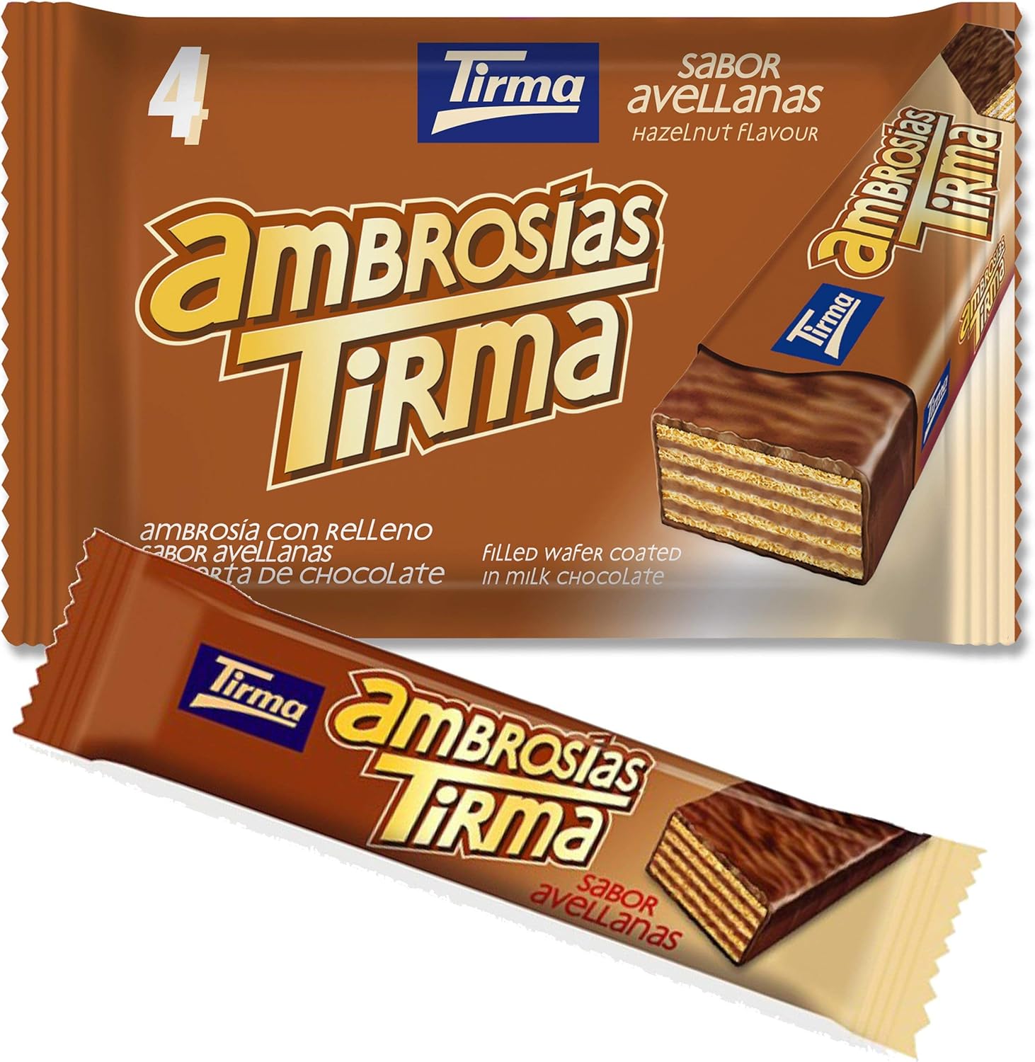 Tirma Chocolate Hazelnut Ambrosias | Hazelnut and Milk Chocolate Wafers | Hazelnut Cream Filled Wafers | Chocolate and Hazelnut Bars | 4 pcs | 86 g