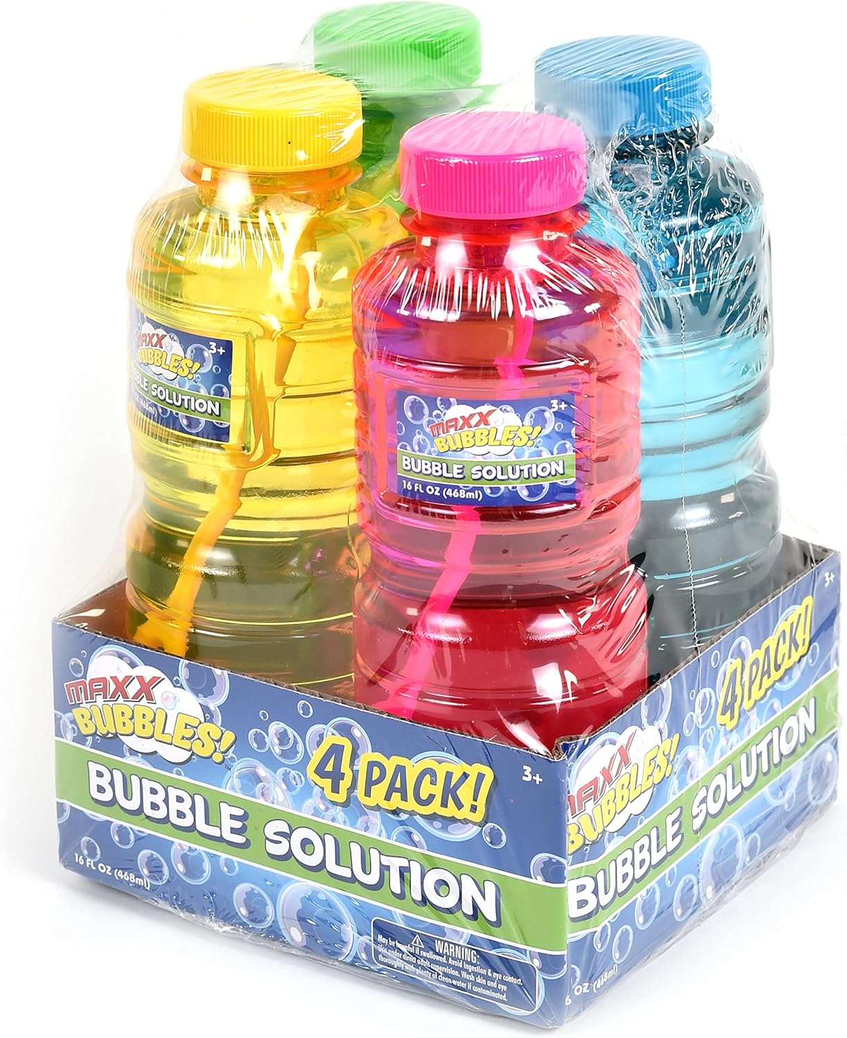 Sunny Days Entertainment Maxx Bubbles 16oz Bubble Solution - 4 Bottles, Pink, Yellow, Green, Blue, Small (101795)