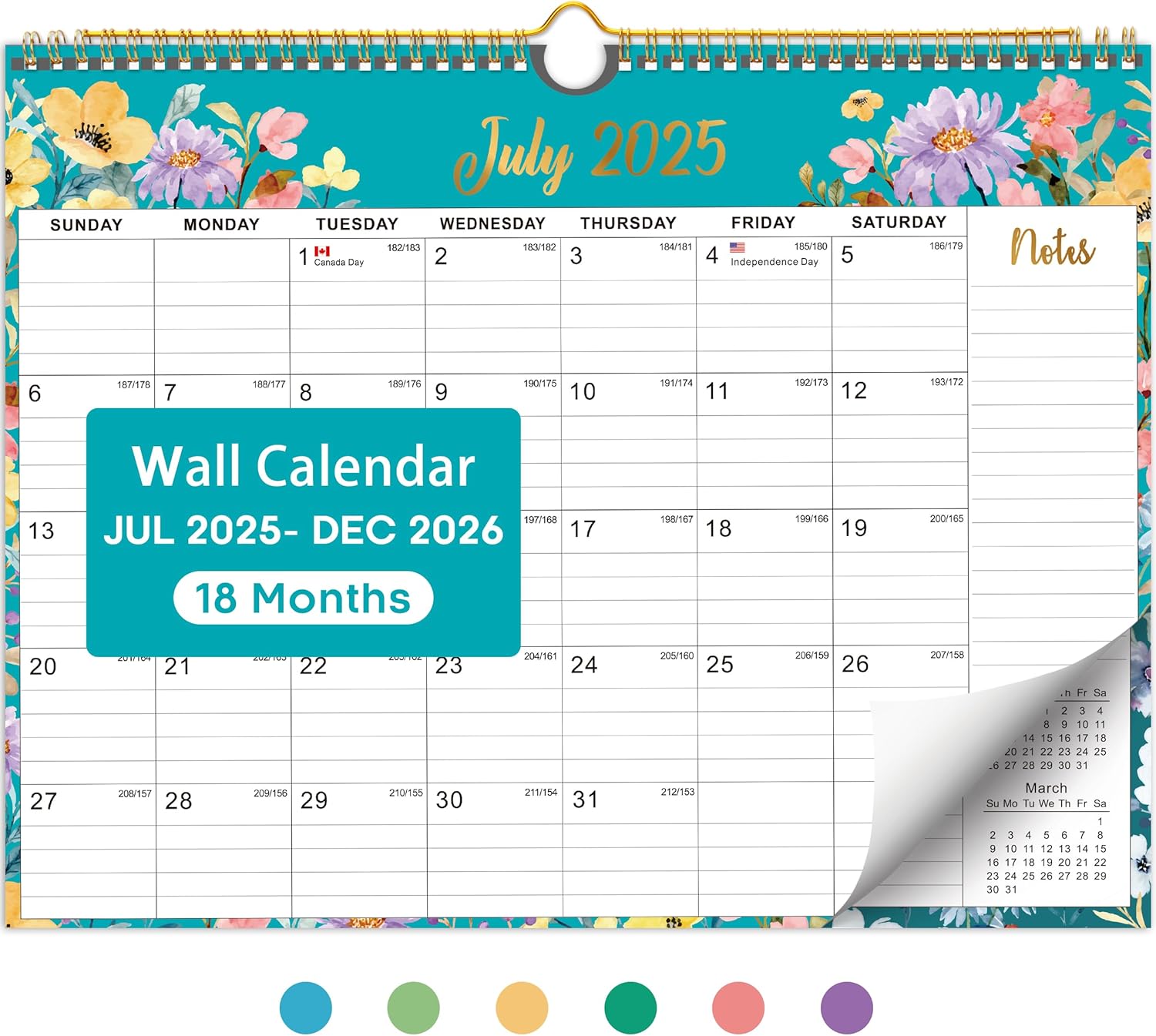 Calendar 2025-2026, Monthly Wall Calendar from July 2025 to December 2026, 11.5" x 14.7", Spiral Binding Hanging Wall Calendar, Perfect for Home or Office, Floral