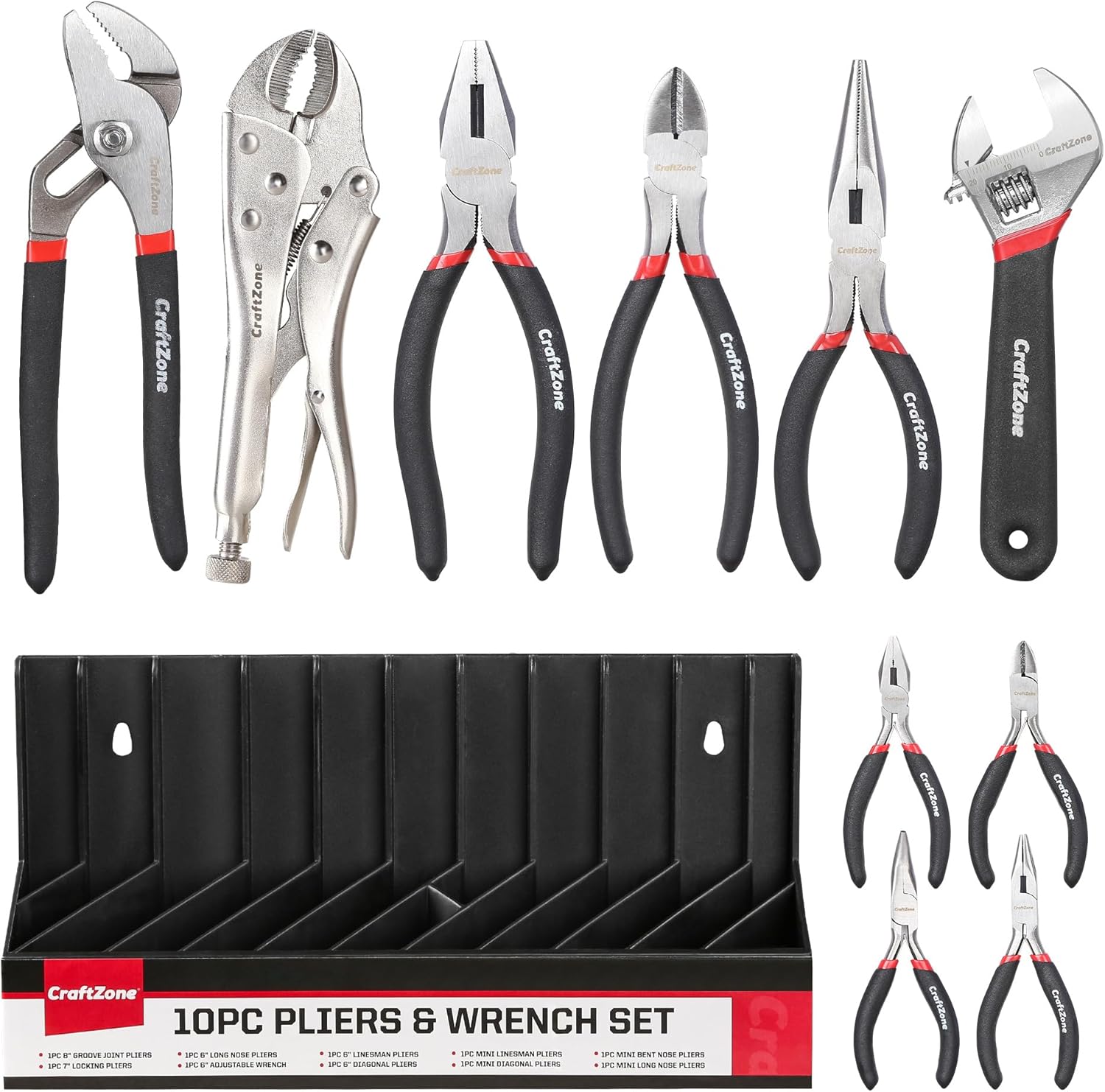 10PC Pliers and Wrench Set with Storage Rack – Includes Locking | Long Nose | Diagonal Cutter | Groove Joint | Linesman & Mini Plier ，High-Quality Carbon Steel Tool Kit for DIY and Home a Gift for Man