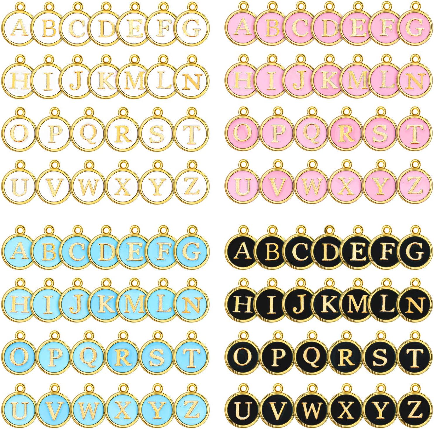 Hicarer 104 Piece Letter Charms for Jewelry Making - Alphabet Charms for Bracelet, Necklace & DIY Projects (Black, White, Pink, Blue)