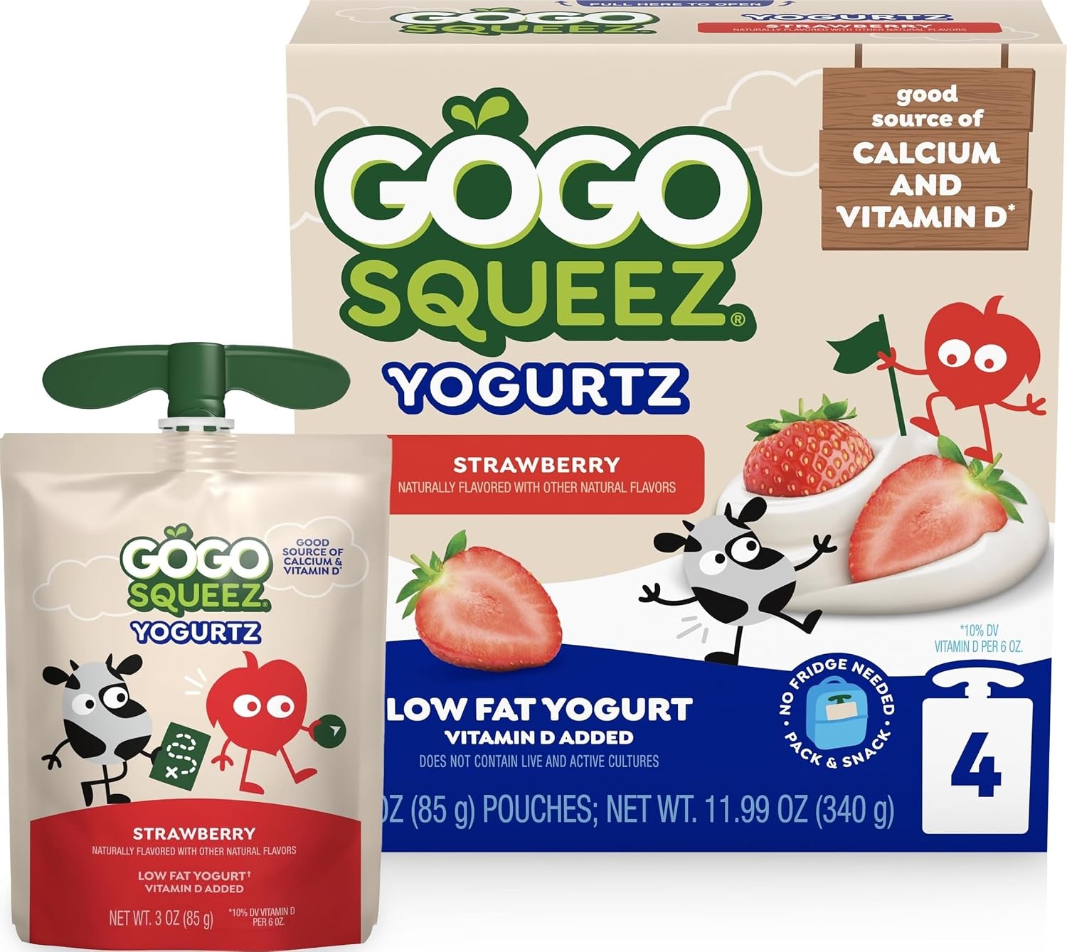GoGo squeeZ Low Fat YogurtZ Strawberry, 3 oz Pouches, 4 Count