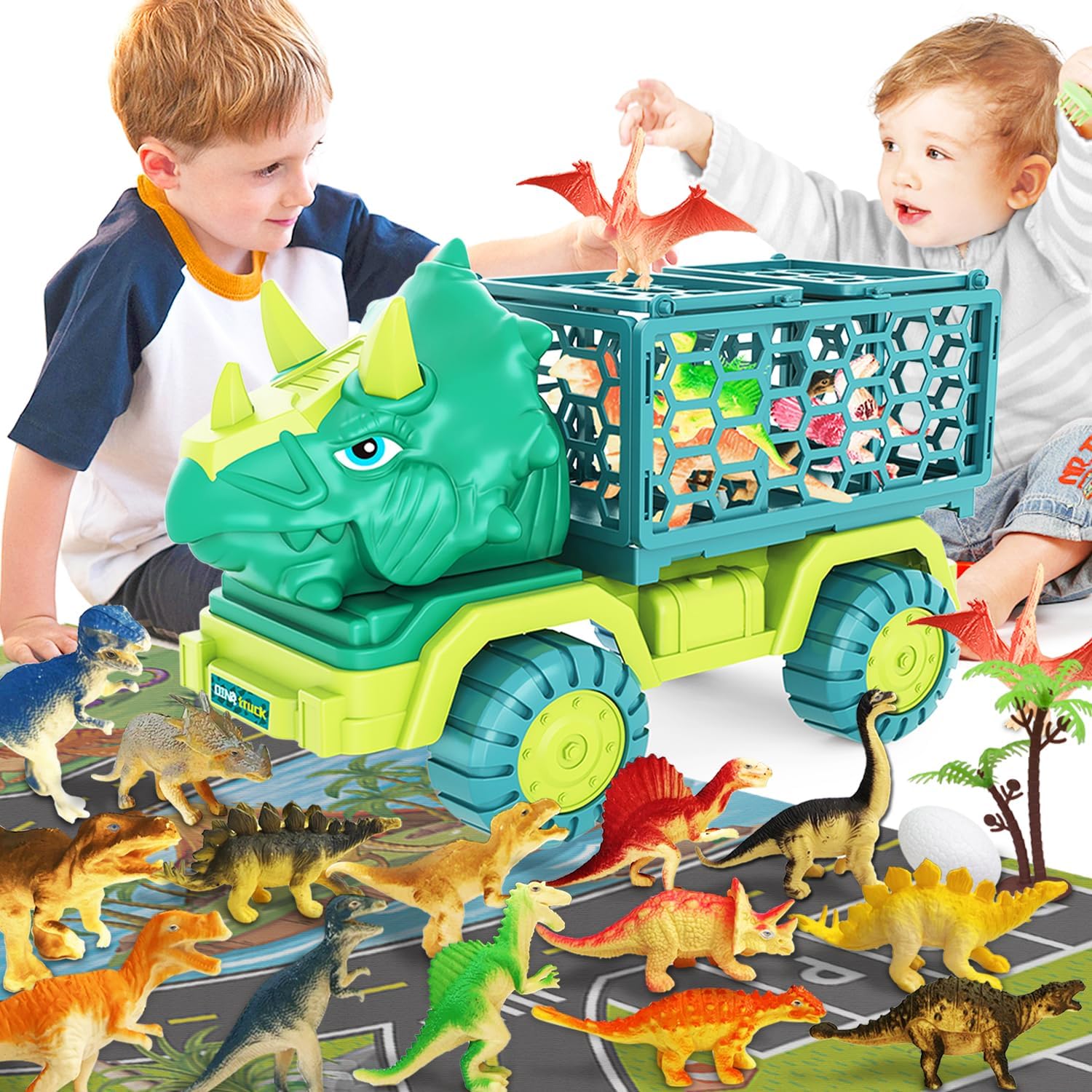 JKGIFTS Dinosaur Truck Toy for Kids 3-5 Years Old, Triceratops Transport Car Carrier Truck with 15 Dino Figures Activity Play Mat Egg and Trees Dinosaur Escape Play Set Boys Girls Easter Birthday