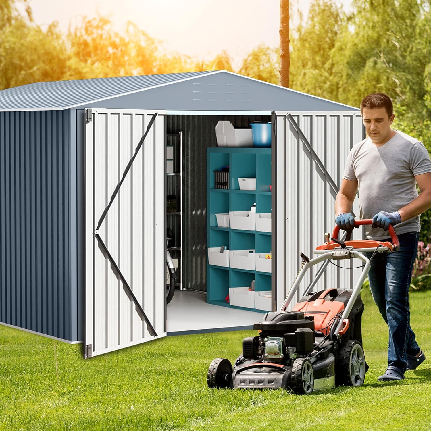 Large Metal Storage Sheds, 10x10 FT Outdoor Storage Shed with Updated Frame Structure, Lockable Doors and Air Vents, Metal Garden Tool Shed for Garden,Backyard,Patio,Lawn, Gray