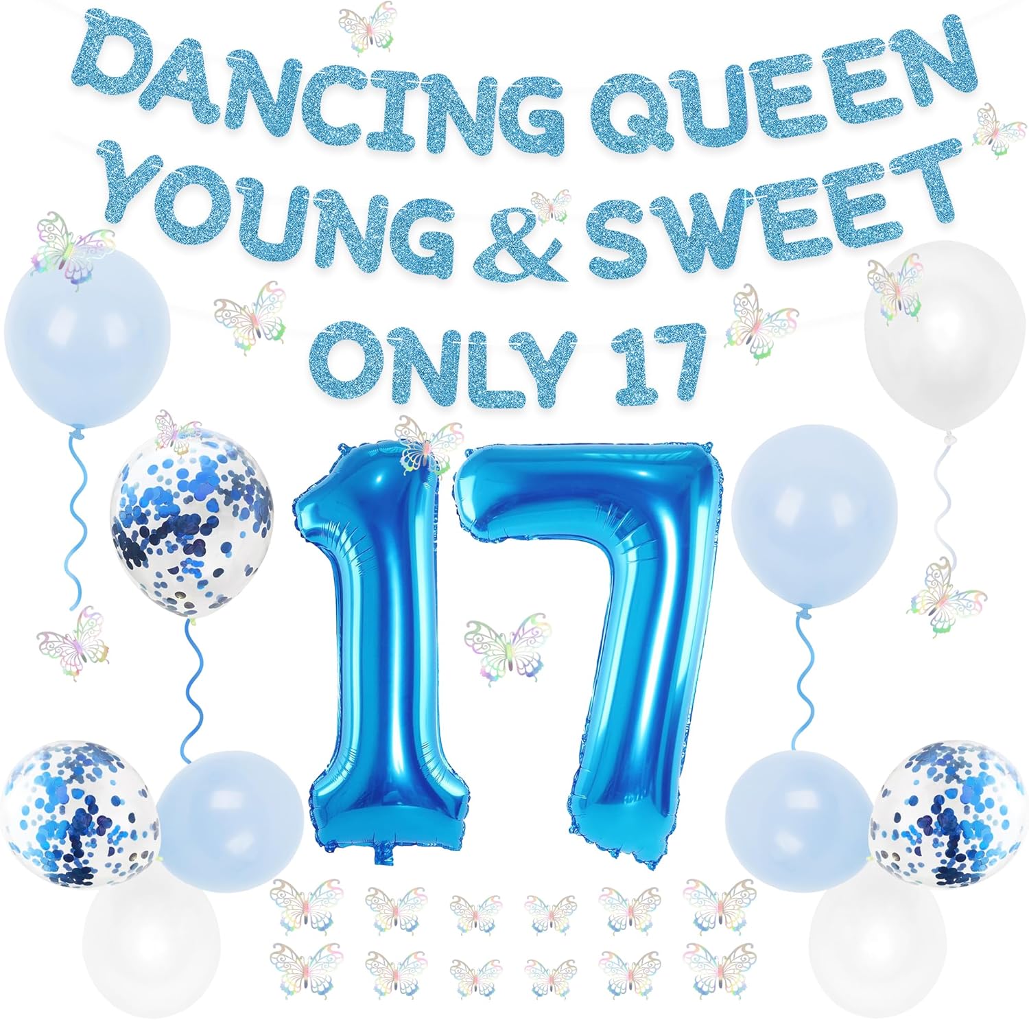 Holkcog 17th Birthday Decorations For Girl, Blue 17 Year Old Party Decor, Blue 17 Dancing Queen Party Backdrop Banner, 17th Birthday Balloons、 Butterfly Hang Banner, Girl 17 Supplies