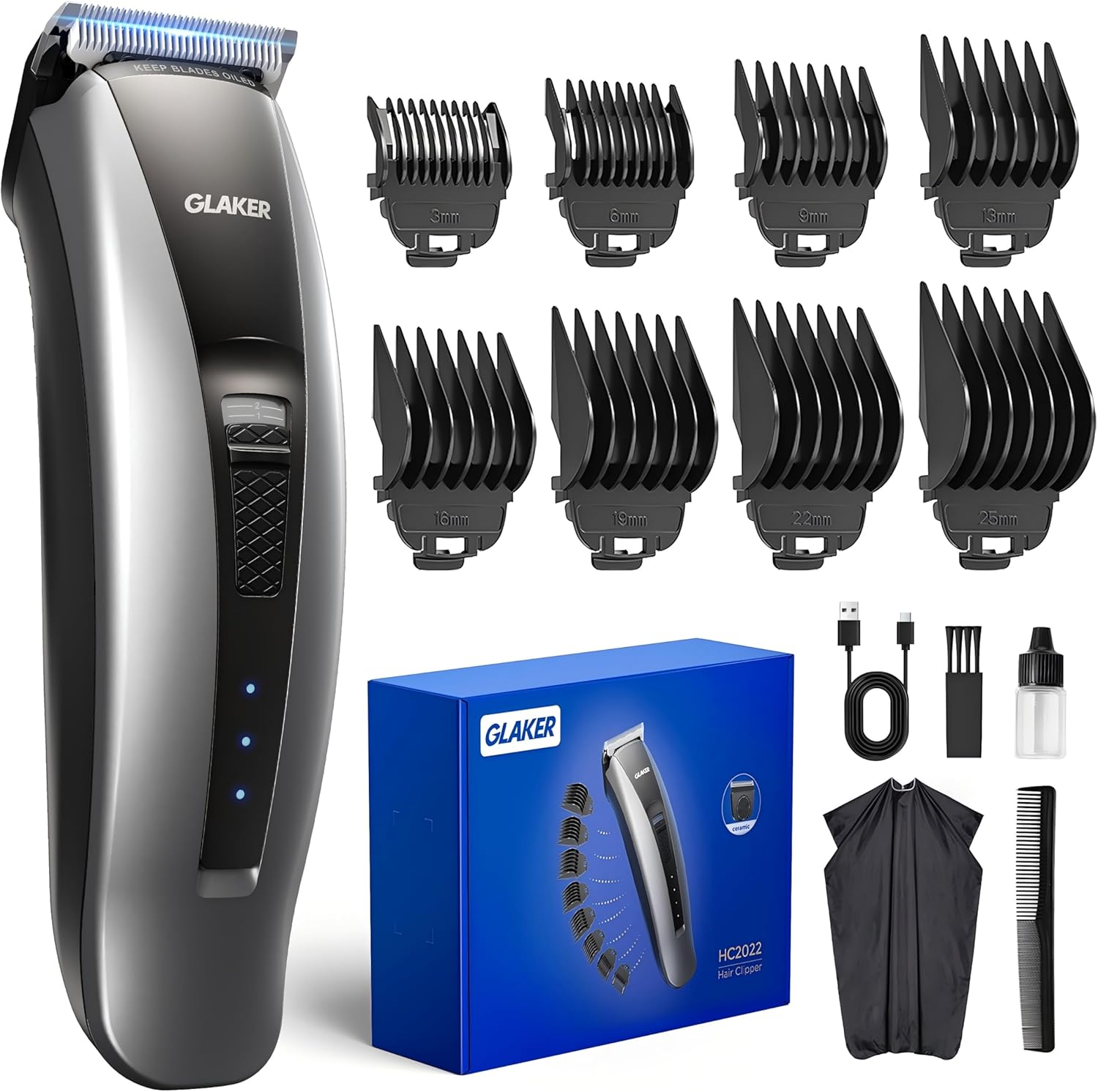 GLAKER Hair Clippers for Men Cordless - 2 in 1 Hair & Beard Trimmer Barber Clipper Kit with 8 Guards, Detachable Blades & Turbo Motor, Professional Mens Beard Grooming Kit for Hair Cutting, Trimming