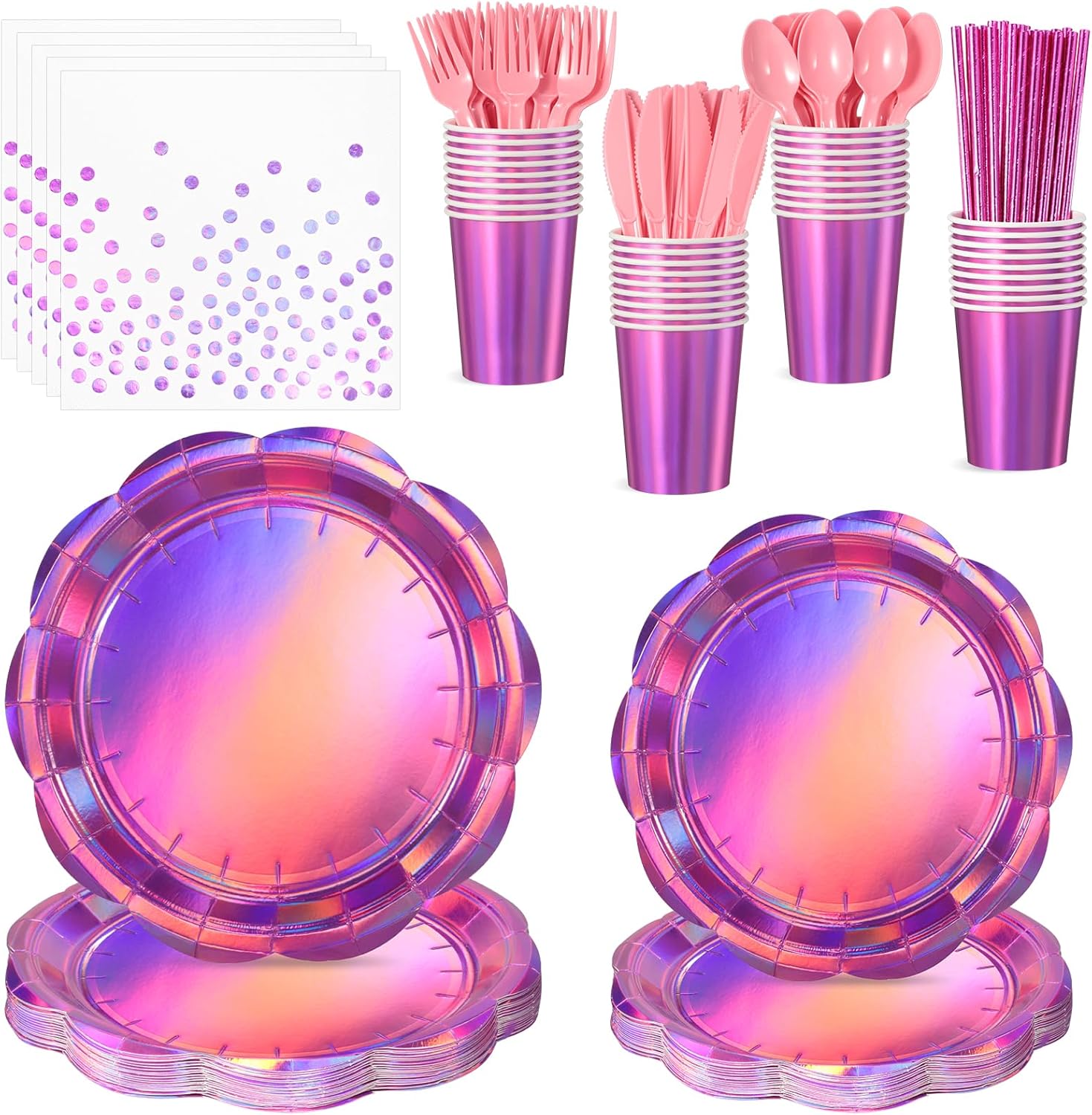 200 Pcs Pink Plates and Napkins Party Supplies, 25 Guest Scalloped Iridescent Pink Plates Napkins Cups Set Holographic Pink Party Decorations for Birthday, Mermaid, Disco Party