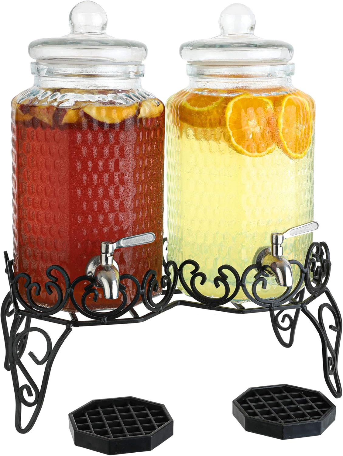 Premium Glass Beverage Dispenser Set - 2 Gallon Dispensers with Stand, Spigot, and Drip Trays | Ideal for Juice, Tea, and Party Drinks | Elegant Pitcher for Parties and Events