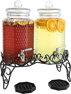 Premium Glass Beverage Dispenser Set - 2 Gallon Dispensers with Stand, Spigot, and Drip Trays | Ideal for Juice, Tea, and Party Drinks | Elegant Pitcher for Parties and Events
