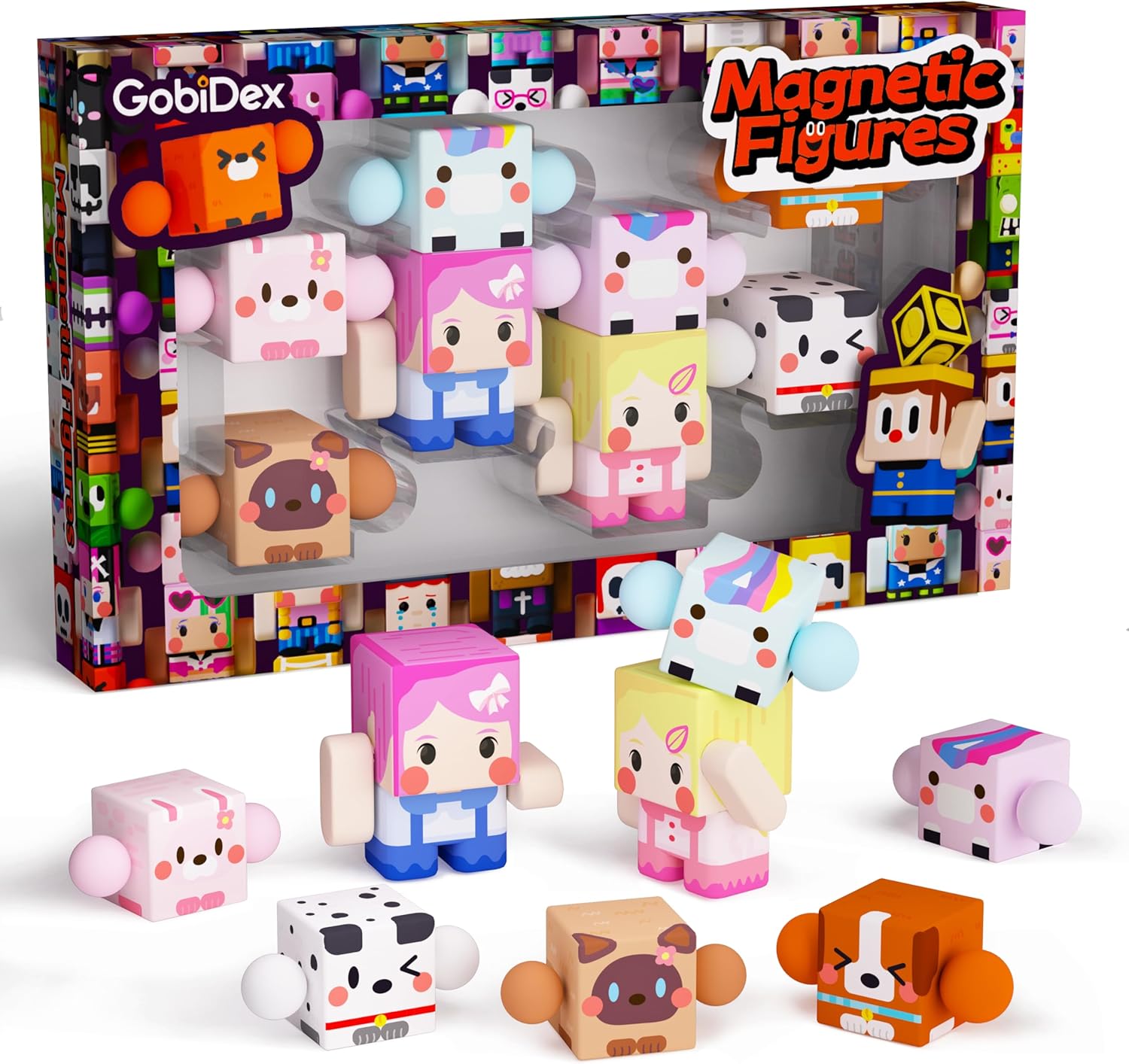 GobiDex 8PCS Magnetic Action Figures Toys – Stackable Characters Compatible with Magnetic Blocks & Tiles | STEM Sensory Pretend Play Gifts for Kids, Boys & Girls Ages 3+