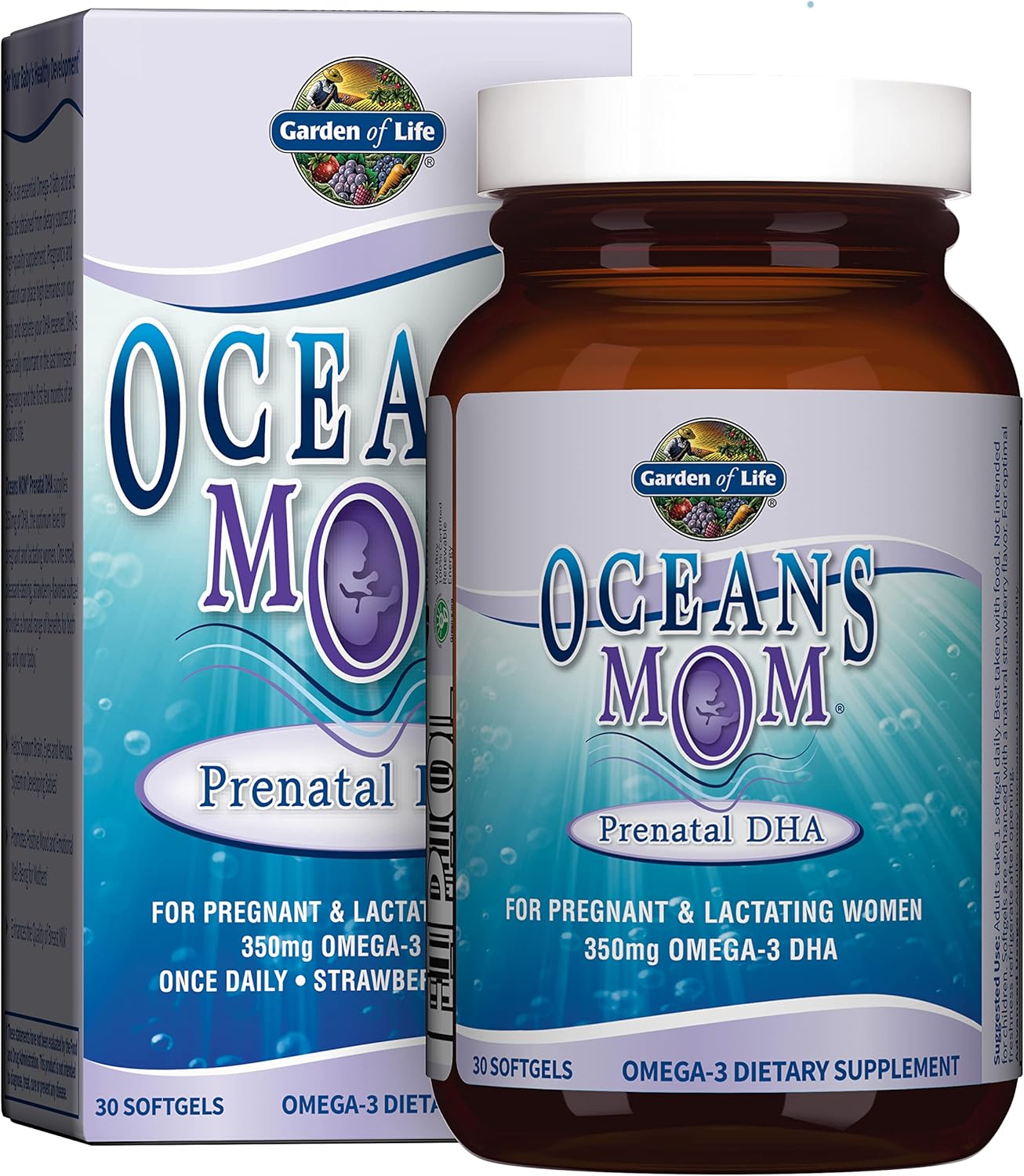 Garden of Life Oceans Mom Prenatal Fish Oil DHA, Omega 3 Fish Oil Supplement - Strawberry, 350mg Prenatal DHA Pregnancy Fish Oil Support for Mamas, Babys Brain & Eye Development, 30 Small Softgels