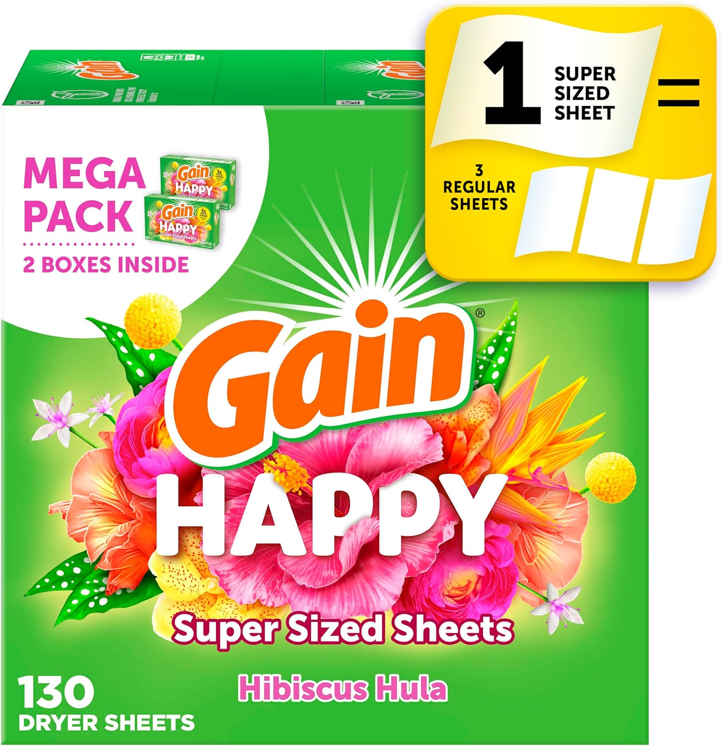 Gain Super Sized Dryer Sheets, Laundry Fabric Softener, Happy, 130 Count
