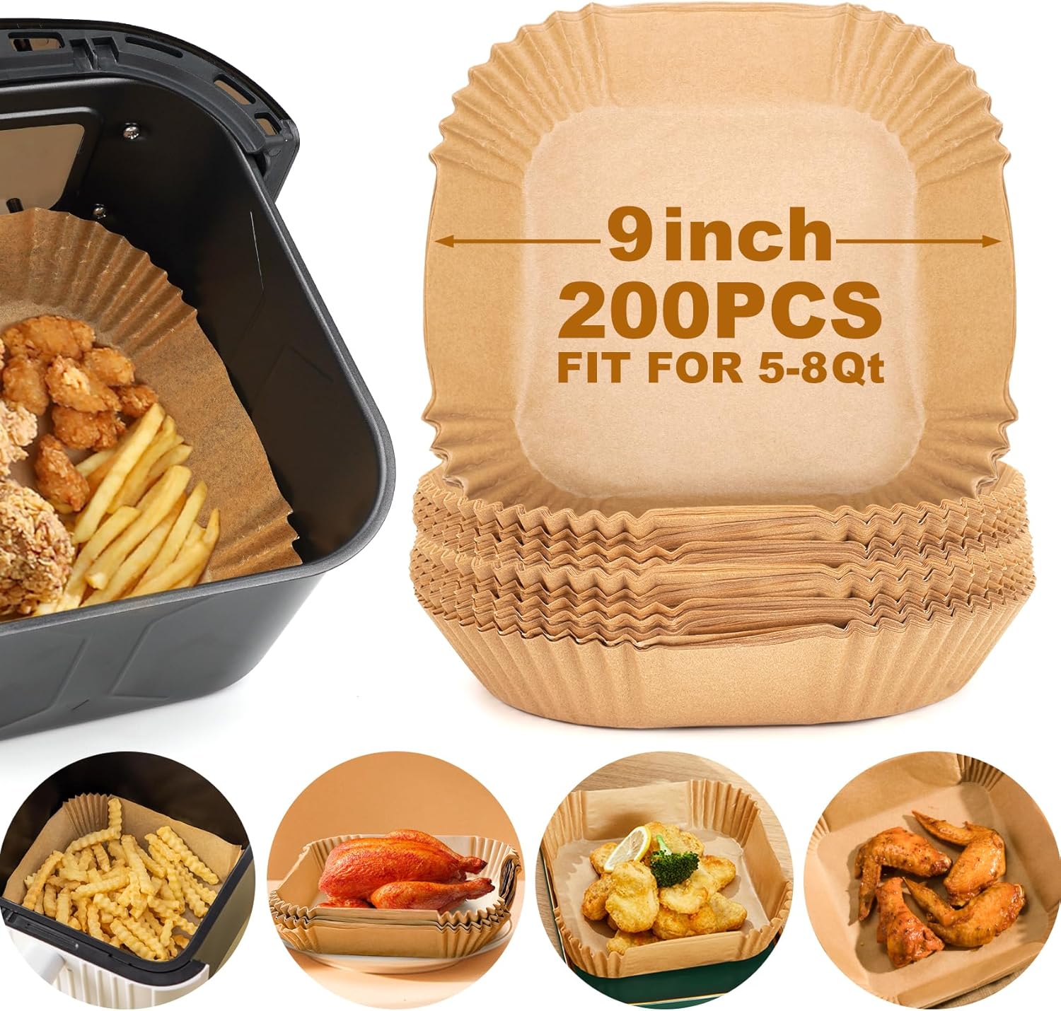 Air Fryer Paper Liners Disposable: 200pcs 9 Inch Parchment Paper Sheets Square, Non-stick Airfryer Basket Paper Liners for Baking Roasting Microwave