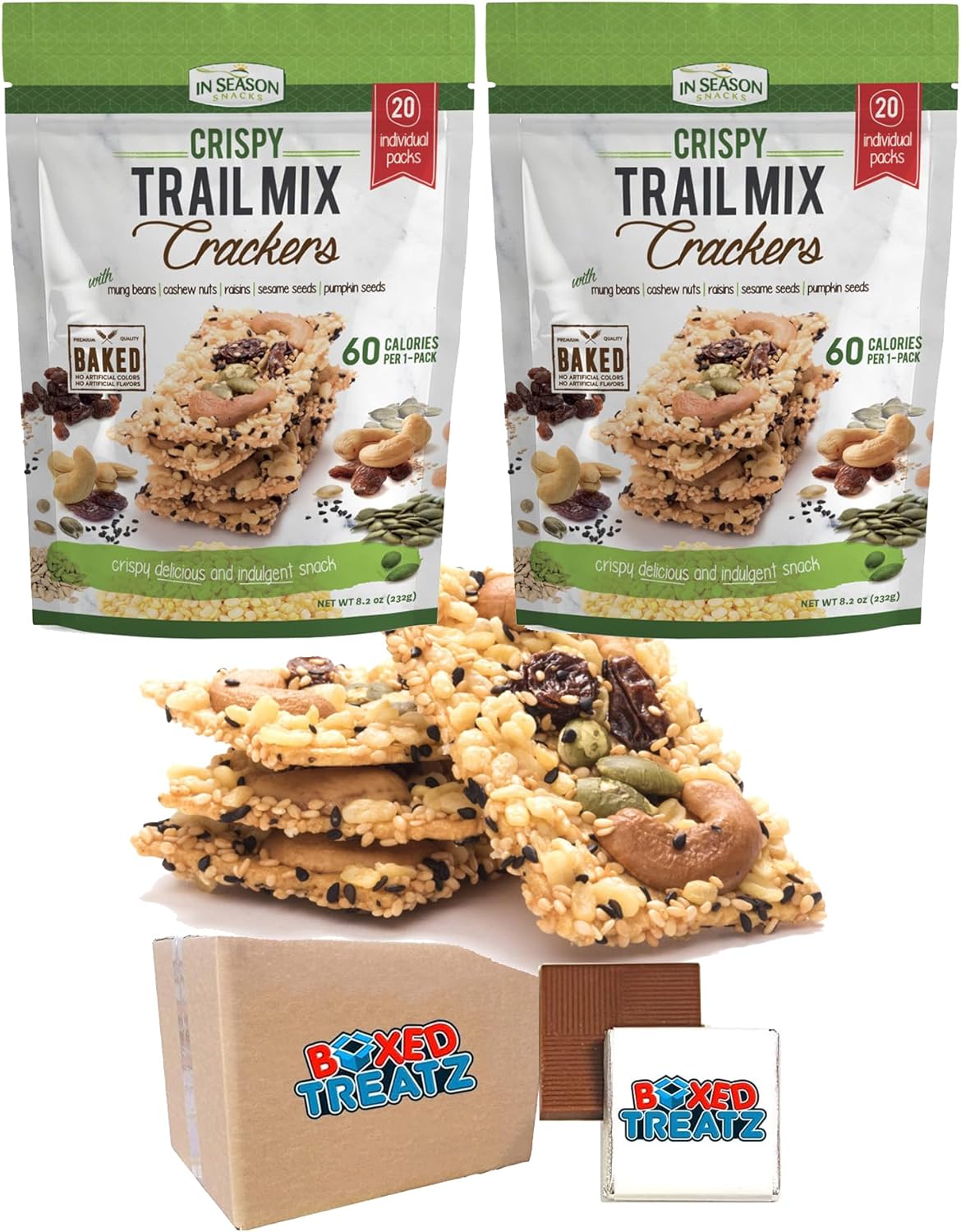 Boxed Treatz Crispy Trail Mix Crackers 40 Pack (464g) - Mung Beans, Cashew Nuts, Raisins, Sesame Seeds, Pumpkin Seeds