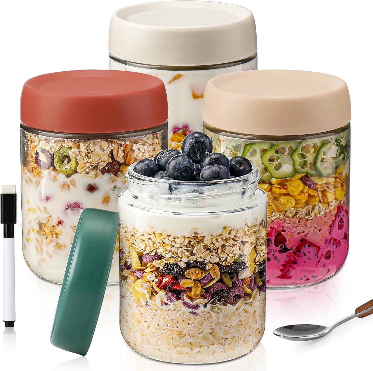 Overnight Oats Containers with Lids,16oz Overnight Oats Jars,4Pack Oatmeal Cups,Meal Prep Containers,Glass Meal Prep Containers with Lids,Glass Jar with Lid for Chia Pudding Yogurt Salad Cereal (B)