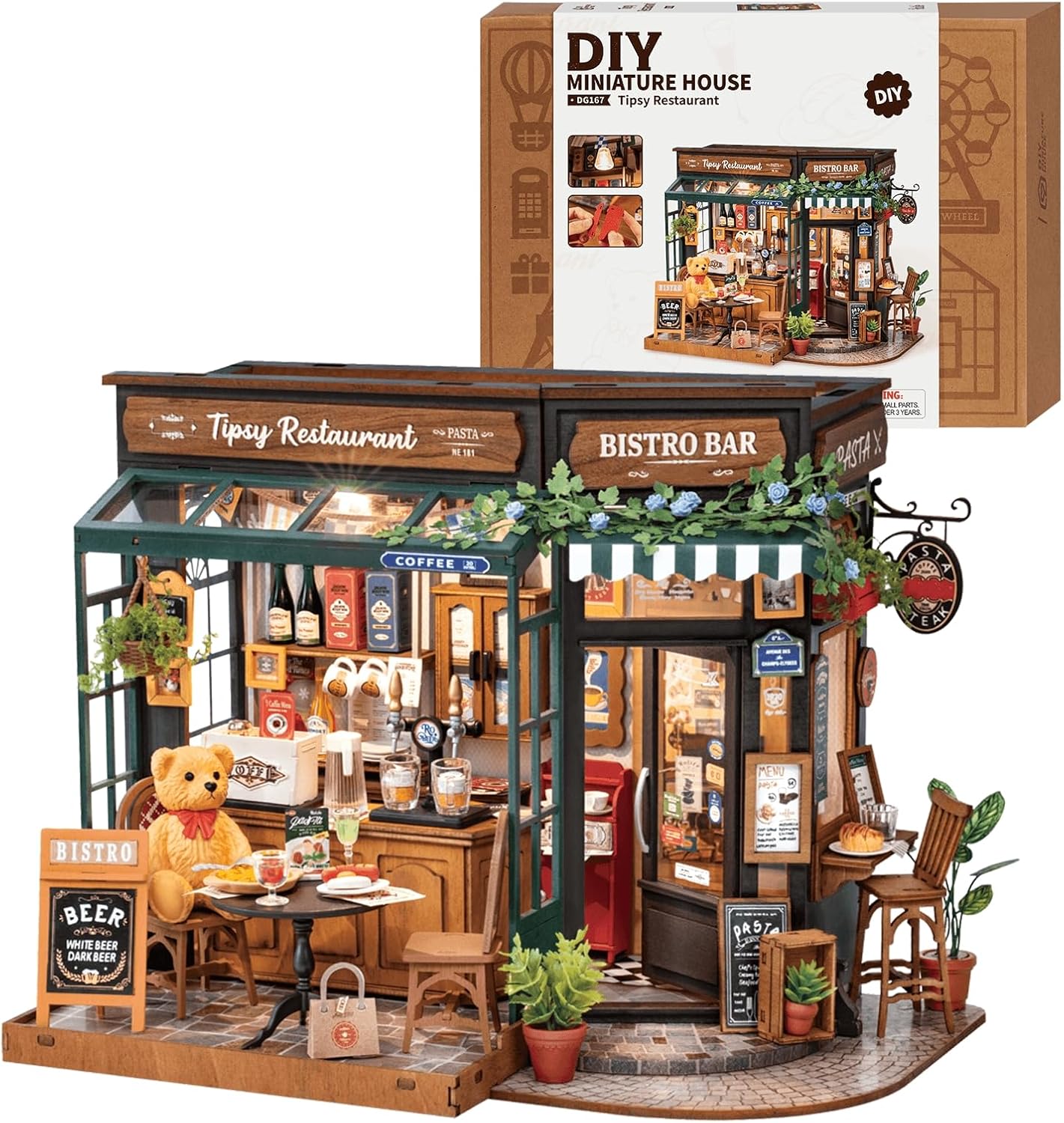 ROWOOD Doll House Kit Tipsy Restaurant, DIY Miniature House Craft Building Room, Wooden Model Kits with Accessories for Adults and Teens to Build, Unique Gift for Christmas and Birthday