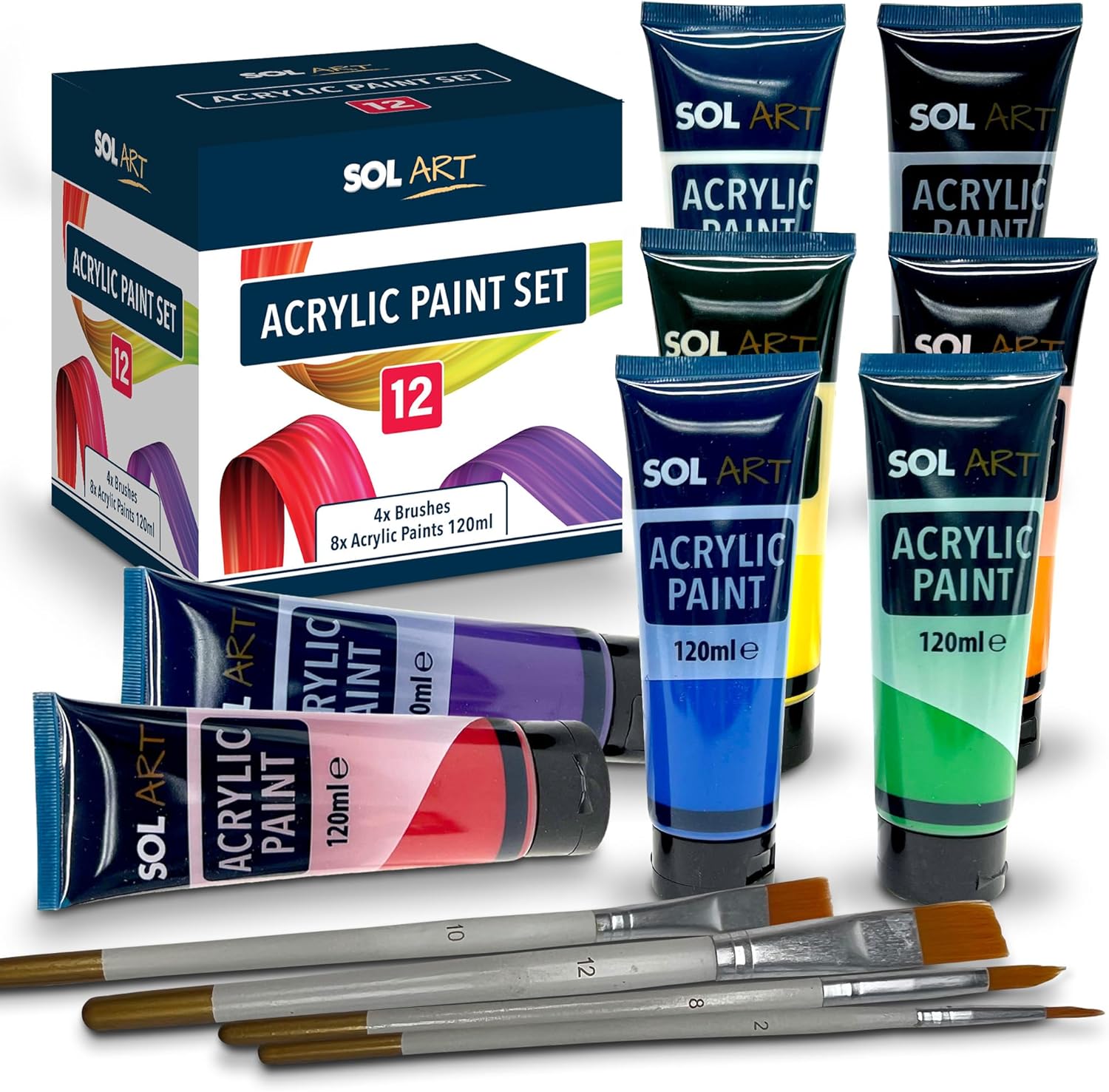 SOL 12pk Acrylic Paint Set 8x120ml Versatile Paints + 4 Brushes for Artists - Vibrant Colours for Canvas, Rock, Ceramic, and Wood - Fast-Drying, Water-Based Paint for Adults, Kids, and Hobbyists