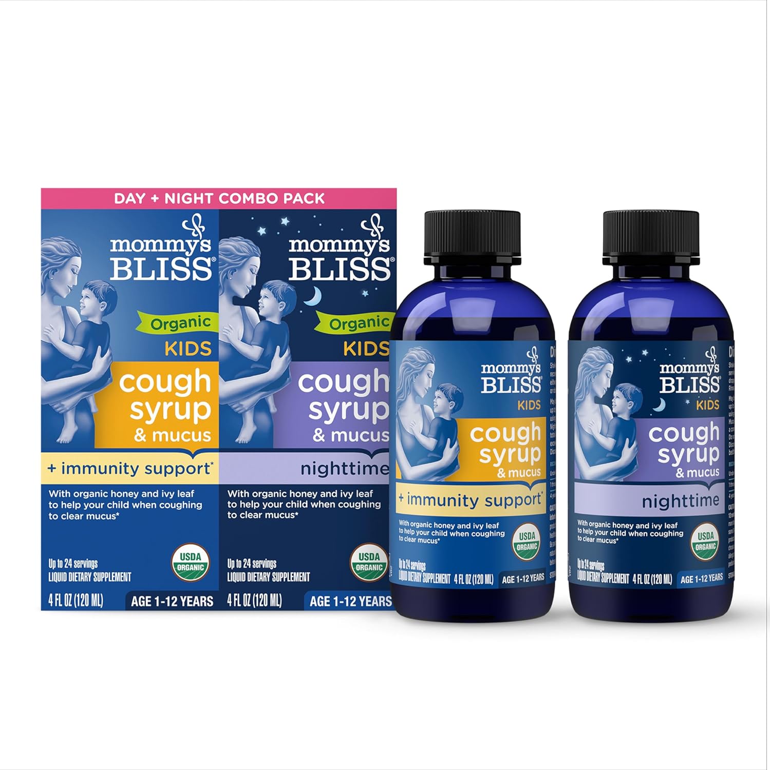 Mommy's Bliss Organic Cough Syrup & Mucus for Kids, Day and Night Combo Pack with Vitamin C and Immunity Support, Contains Organic Honey and Ivy Leaf, 4 Fl Oz (Pack of 2)