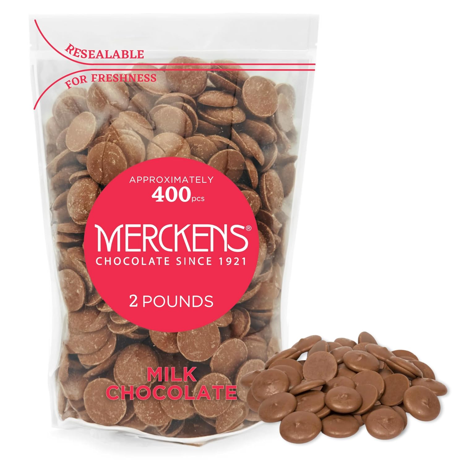 KIDU Milk 2 Pound Merckens Chocolate Melts - Melting Chocolate Candy Melts - Milk Chocolate Melting Wafers 32 Ounces Bulk Perfect For Dipping, Cake Pops, Deserts, Baking And More - Chocolate Chips For Chocolate Fountain - Resealable Bag for Freshness