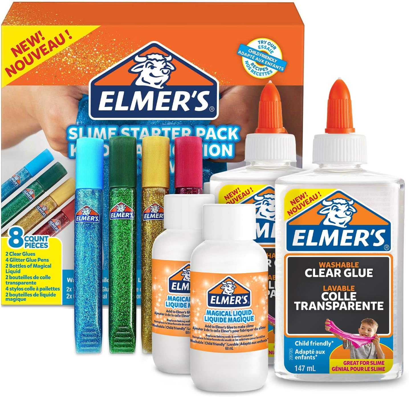 Elmer’s Glitter Slime Kit | Slime Supplies Include Clear PVA Glue, Glitter Glue Pens & Magical Liquid Slime Activator Solution | Washable & Kid Friendly Formula | 8 Count