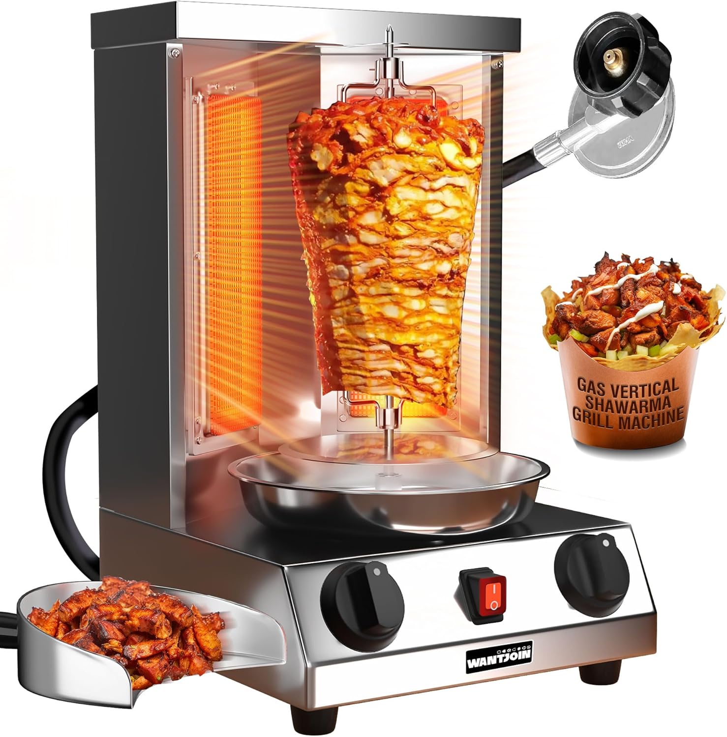 WantJoin Shawarma Grill Machine, 17 lbs Capacity, Gas Vertical Rotisserie with 2 Burners for Home, Countertop Rotating Doner Kebab Oven Broiler Gyro Maker with Shovel, 110V