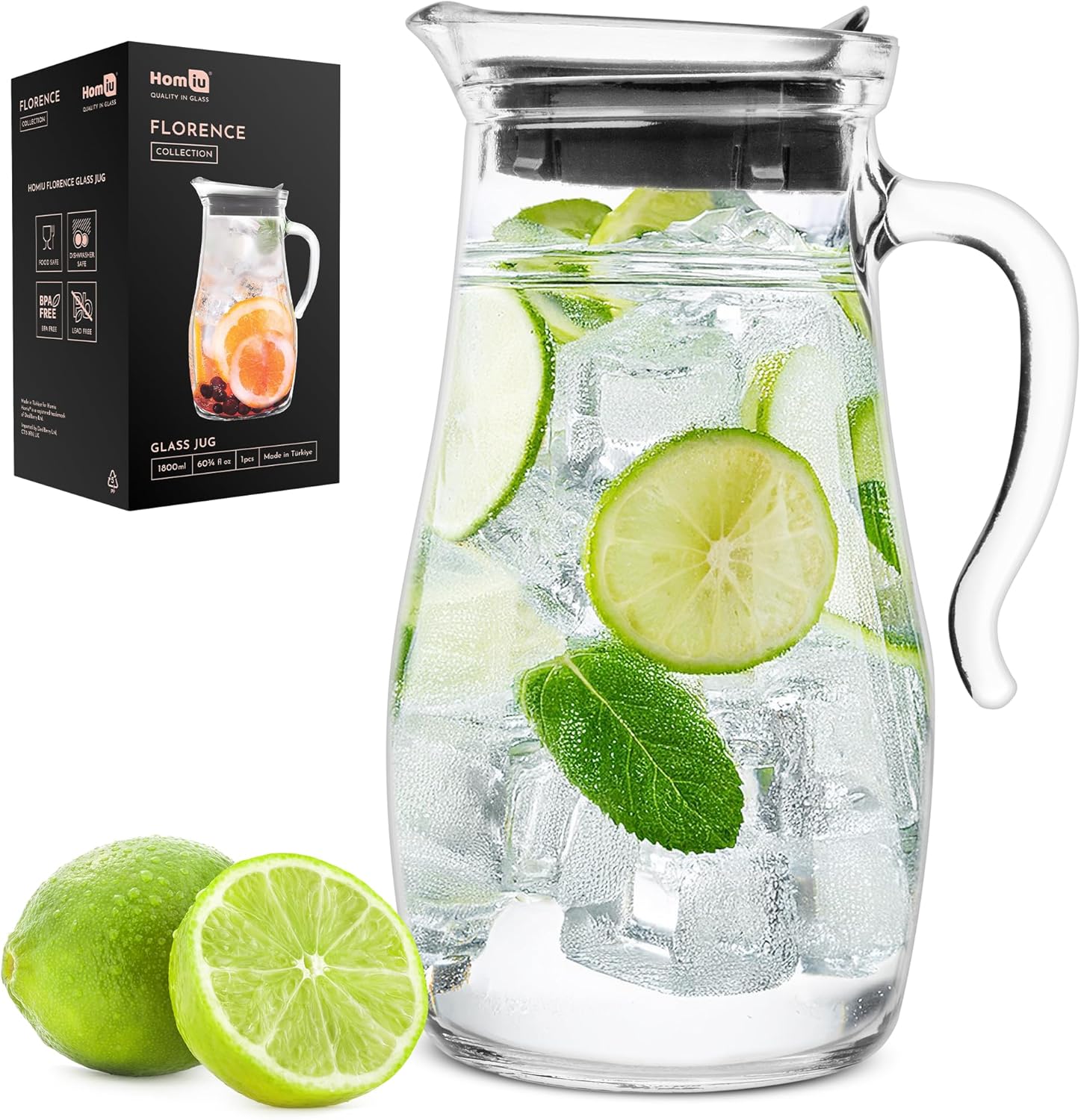 Homiu 1.8L Glass Water Jug With Lid | Pitcher Carafe for Iced Tea, Hot Cold Water, Wine, Coffee, Milk and Juice Beverage | Fridge-Friendly