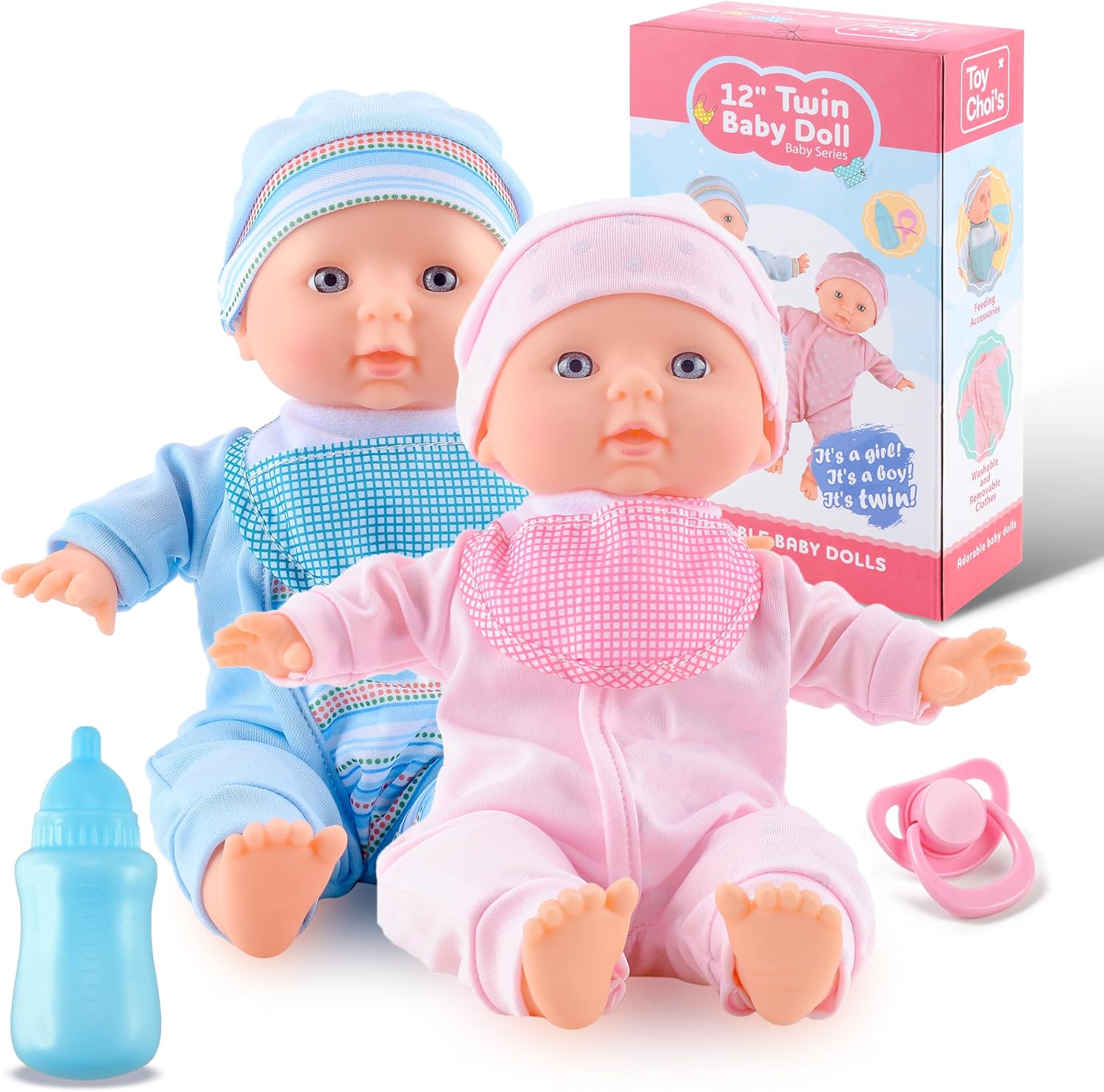 Toy Choi's Twin Baby Doll Set - 12" Soft Body Pink & Blue Baby Dolls with Rompers and Hat Pacifier and Doll Bibs, Preschool Toy Gift for Toddler and Kids