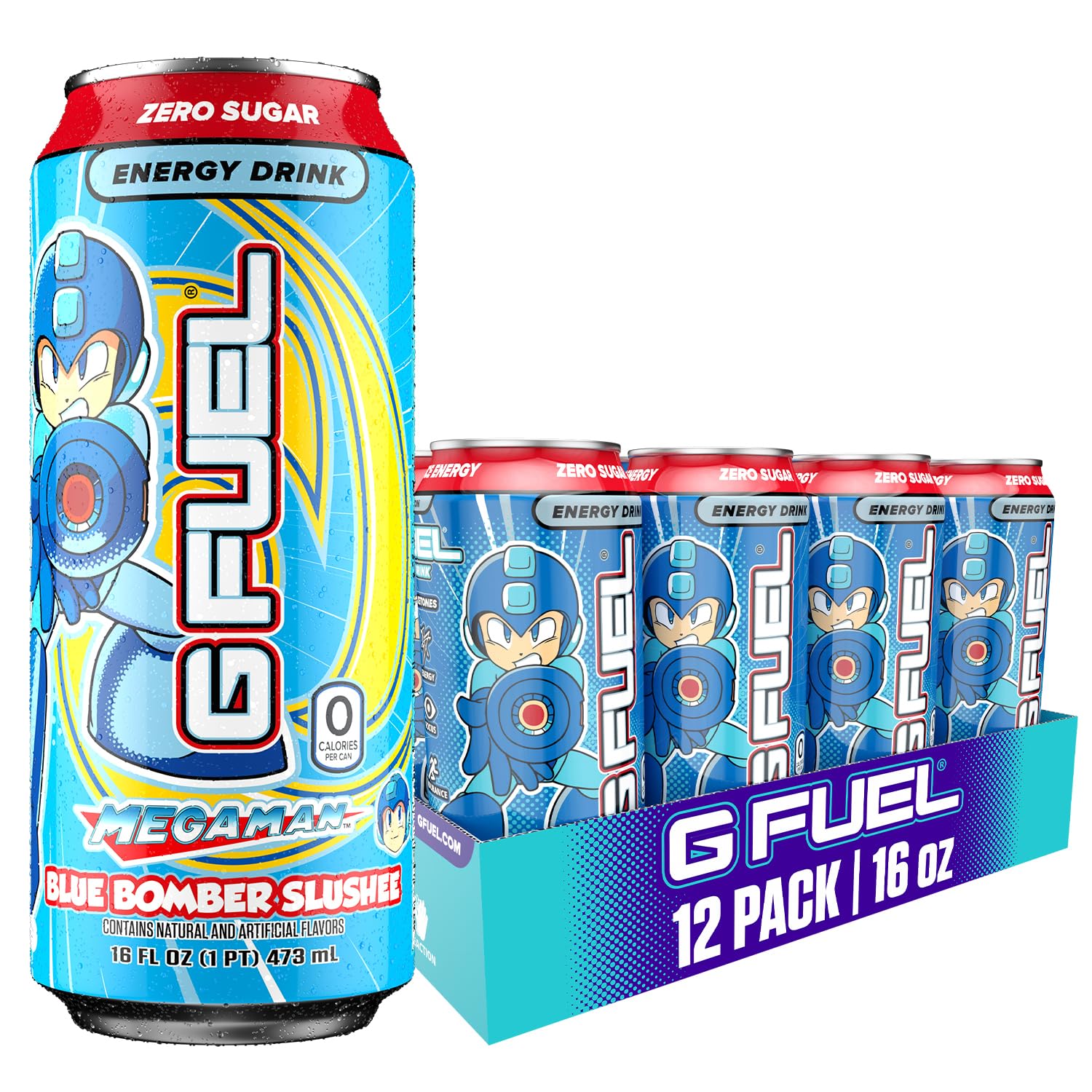 G Fuel Energy Drink, Blue Raspberry, Sugar Free Beverage with 300mg Caffeine, Daily Energy Boost with Focus Amino, Vitamin + Antioxidants, 16 oz Cans (Megaman Blue Bomber, 12-Pack)