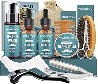 Beard Kit,Beard Grooming Kit W/Straight Razor,2 PACK Beard Oil,Beard Wash,Balm,Brush,Comb,Scissors Mens Birthday Christmas Gifts for Men Boyfriend Husband Beard Shaping Shaving Kit
