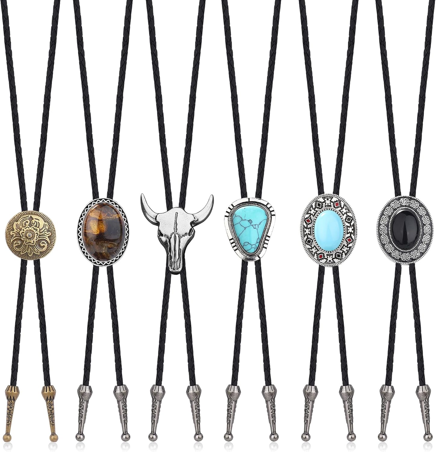 LOLIAS Bolo Tie,Handmade Vintage Bolo Ties for Men Western Cowboy Leather Necktie with Natural Tiger Eye Stone Costume Accessories for Men Women 6Pcs