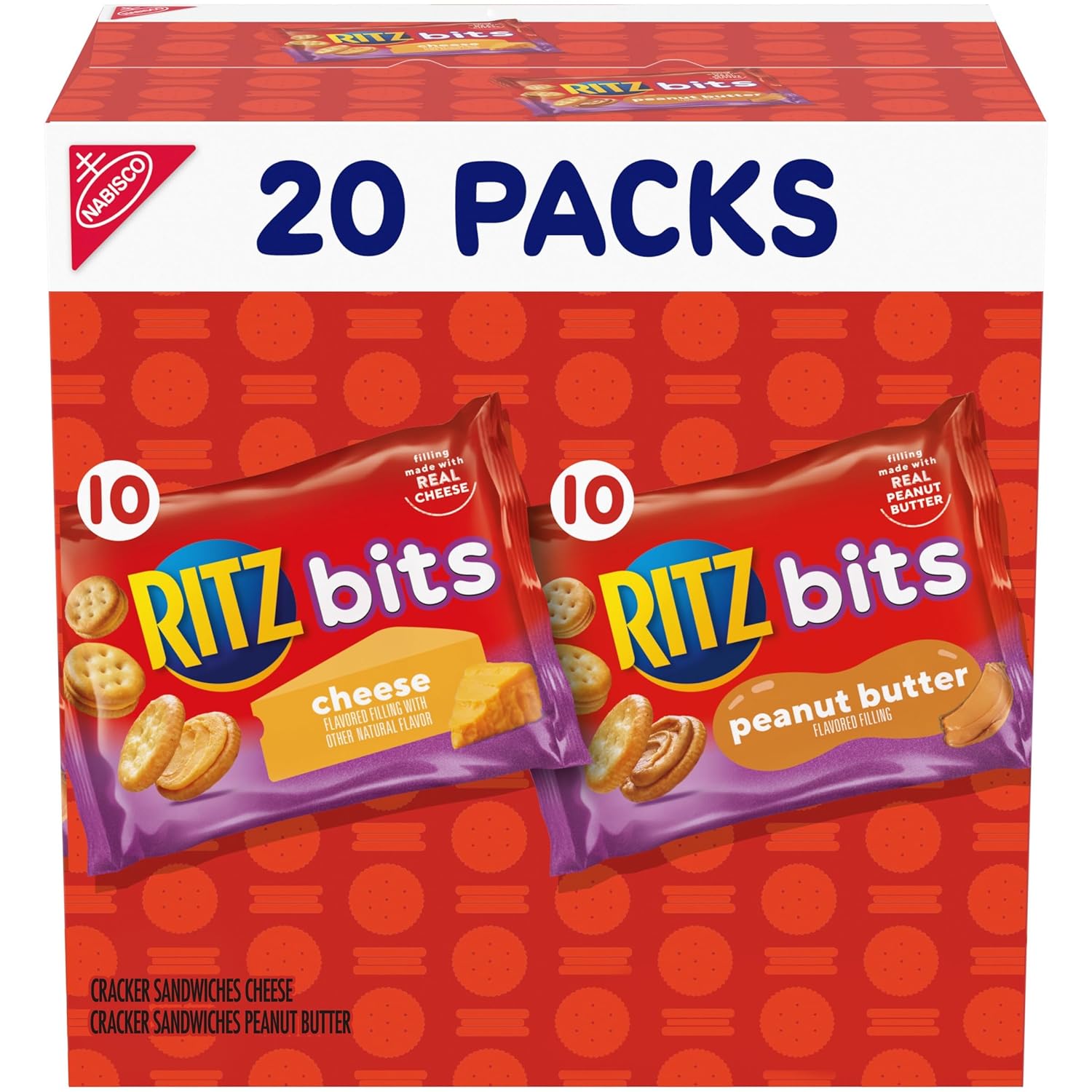 RITZ Bits Cheese and RITZ Bits Peanut Butter Sandwich Crackers Variety Pack, Lunch Snacks, 20 Snack Packs