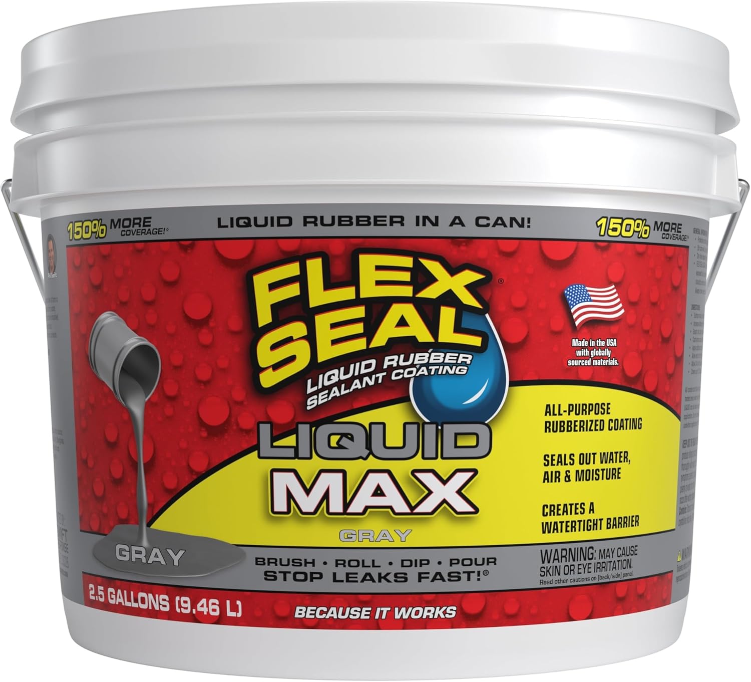 Flex Seal Liquid, Liquid Rubber Coating Sealant, Waterproof, Flexible, Breathable, and UV Resistant, Roof Repair, Basements, RV, Campers, Trailers, Marine, EPDM, Masonry, MAX, Gray, 2.5 Gallon